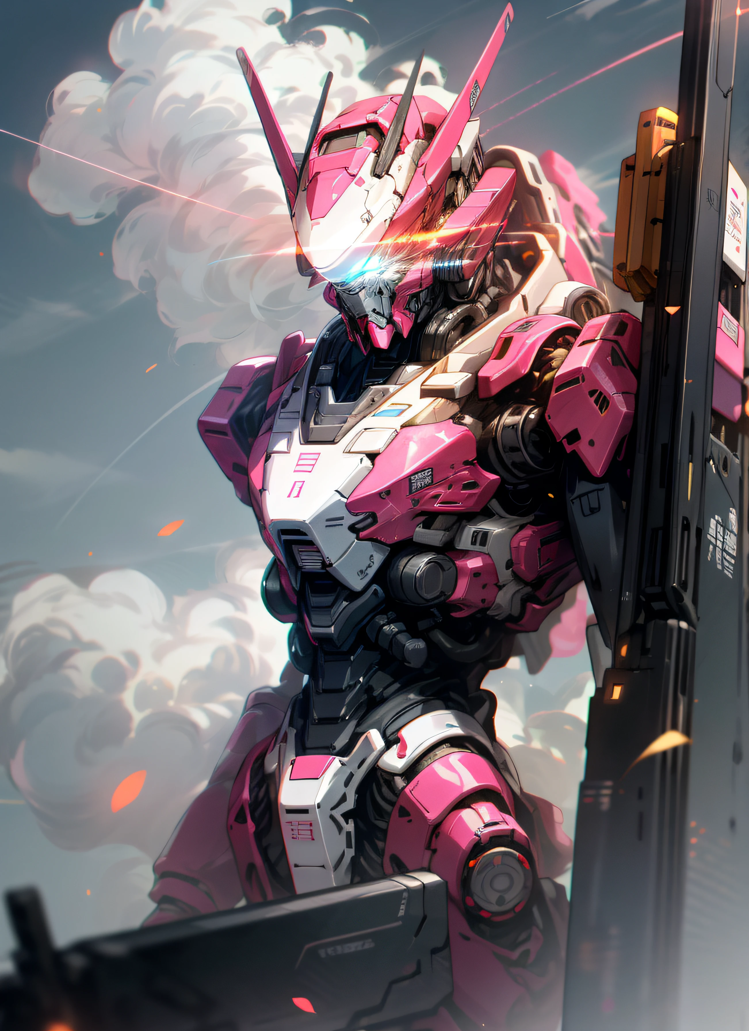 Skysky，​​clouds，Holding a weapon，without humans，with light glowing，Pink and white color scheme，droid，buliding，glowing light eyes，Mecha，scientific fiction，城市，Realistis，Mecha，Extremely high quality