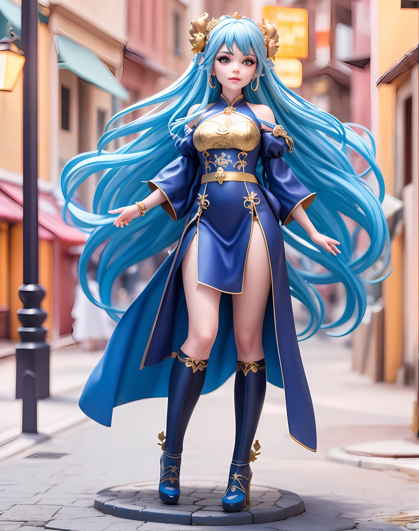 85MM FIXED,Cinematic shots,high definition 4k,blue hairs,Golden dragon horn,Phnom rimmed blue fairy outfit,There are dragons and lizards around,Finger details,Complete hands,Complete fingers,pretty face,delicated face,HD face details,pretty eyes,largeeyes ,Full body like,(Realistic facial details:2),((Old town at night,,the night,In the streets of the old town:1.2))