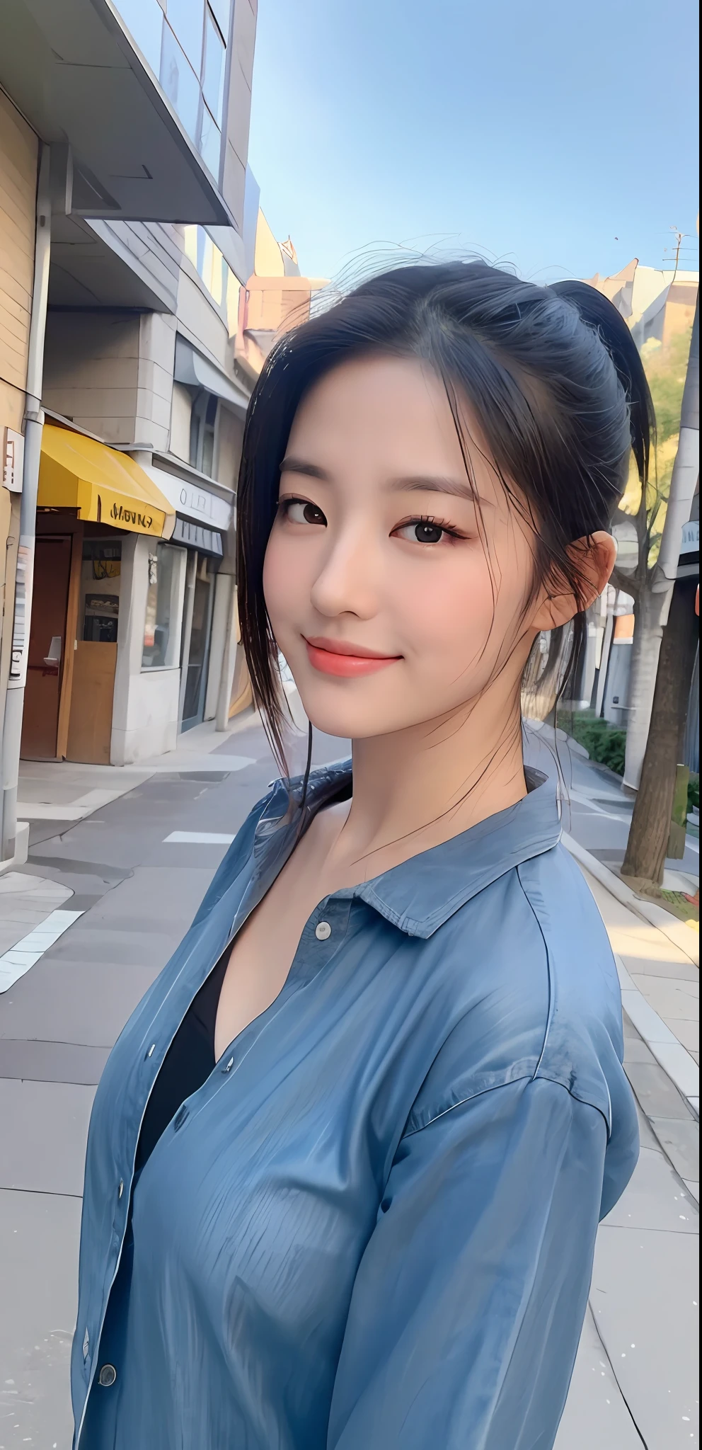 ((Best quality, 8k, Masterpiece :1.3)), Sharp focus: 1.2, Perfect Body Beauty: 1.4, big breast, Slim Abs: 1.2, ((ponytail, black hair :1.2)), (unbuttoned blouse :1.1), (Street: 1.2), Highly detailed face and skin texture, Fine eyes, Double eyelids, smirk