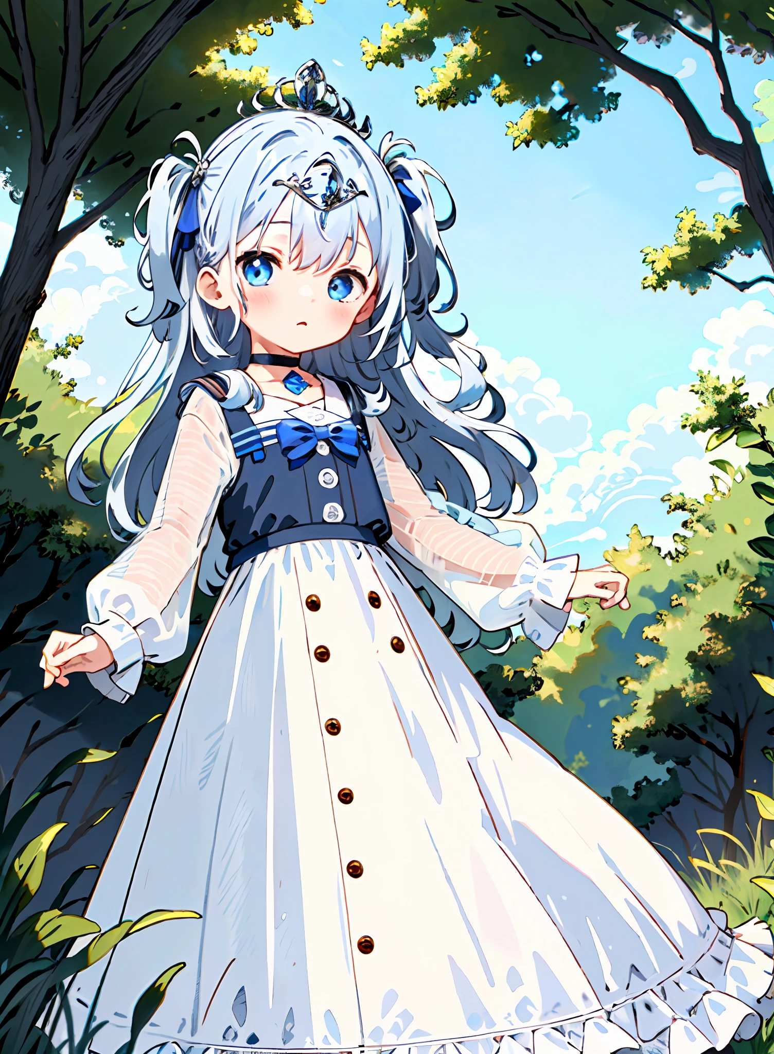 best quality:1.4, very long eyes, very huge eyes, (child:1.4),([silver mesh:blue mesh:0.4]:1.4) hair,(long two side up:1.4) hair,(branch tiara:1.2),parted bangs, (white dress:1.2),skirt,buttons, choker,ribbon,long_sleeves,blue eyes,