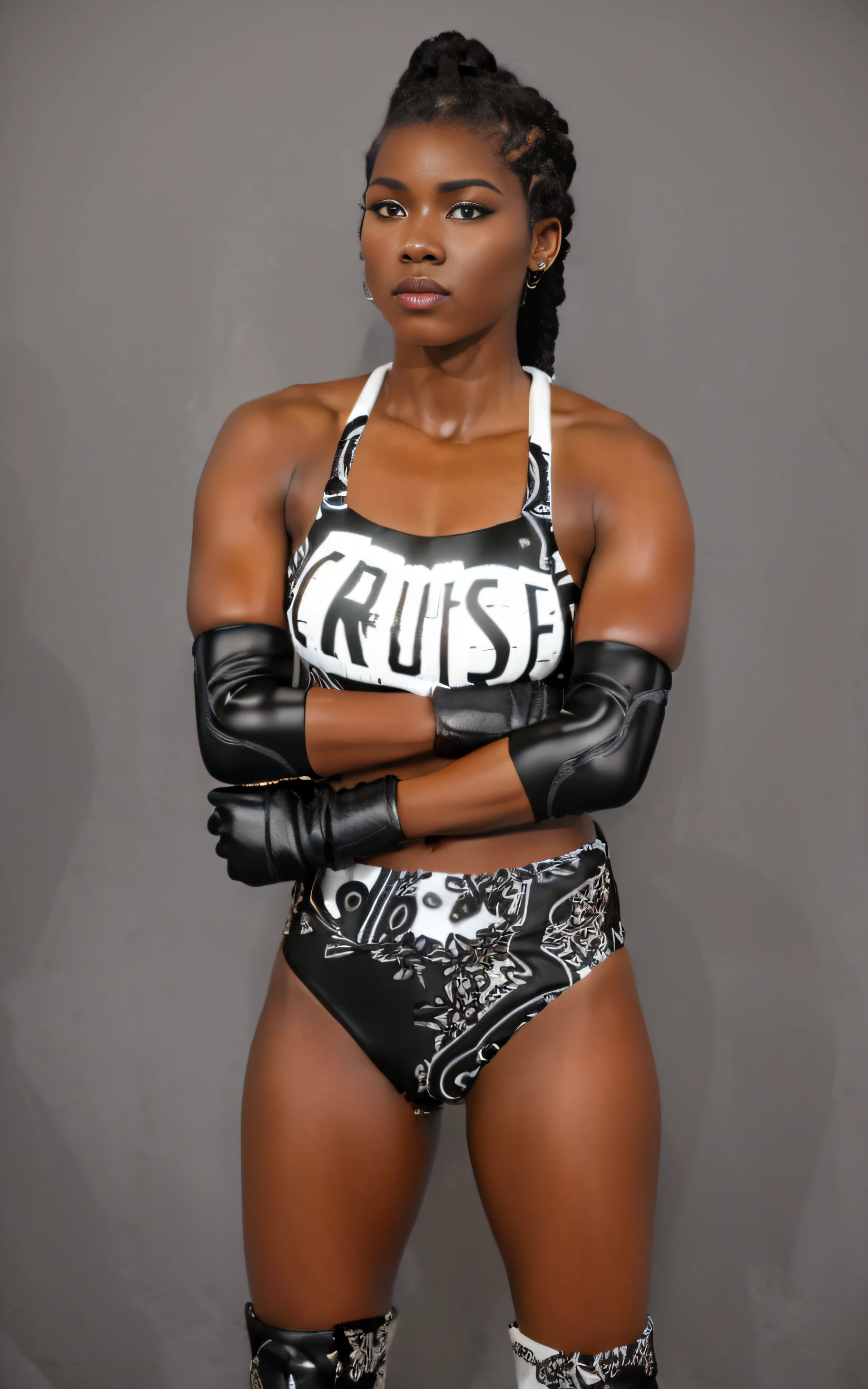 ((masterpiece, best quality)), Afro-punk based black female wrestler with long semi-braided ponytail, in black and white ink splash patterned sports bra that says "CRUISE", black and white ink splash patterned high cut trunks, black leather elbow pads, black leather gloves, black and white ink splash patterned knee-pads, photo realistic, intricate details