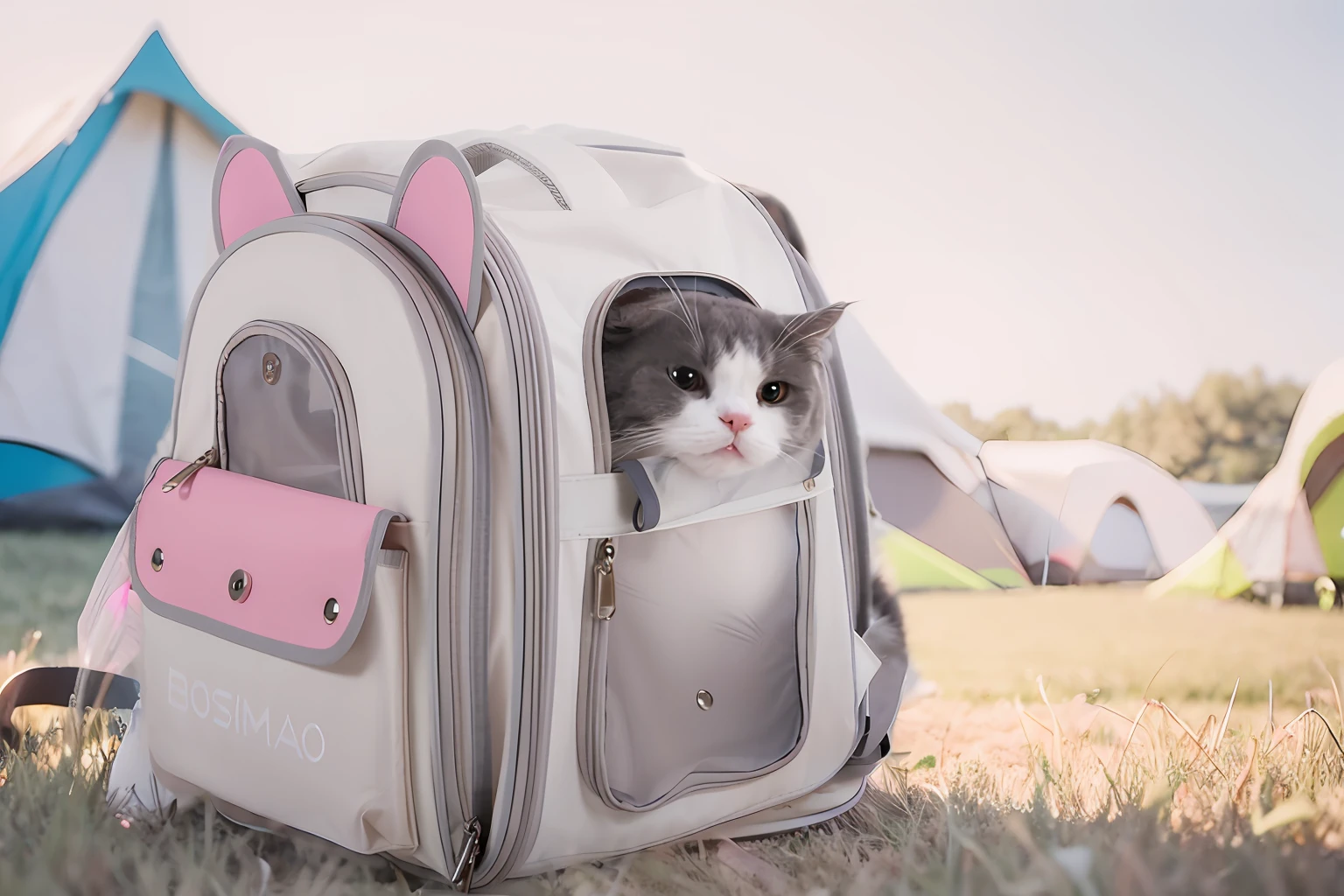 A sunny day,There is a backpack cat bag on the grass,People are camping。