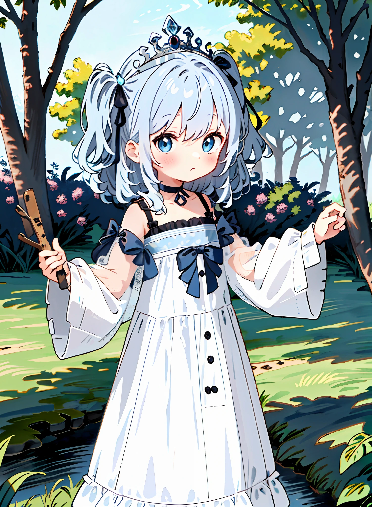 best quality:1.4, very long eyes, very huge eyes, (child:1.4),([silver mesh:blue mesh:0.4]:1.4) hair,(long two side up:1.4) hair,(branch tiara:1.2),parted bangs, (white dress:1.2),skirt,buttons, choker,ribbon,long_sleeves,blue eyes,