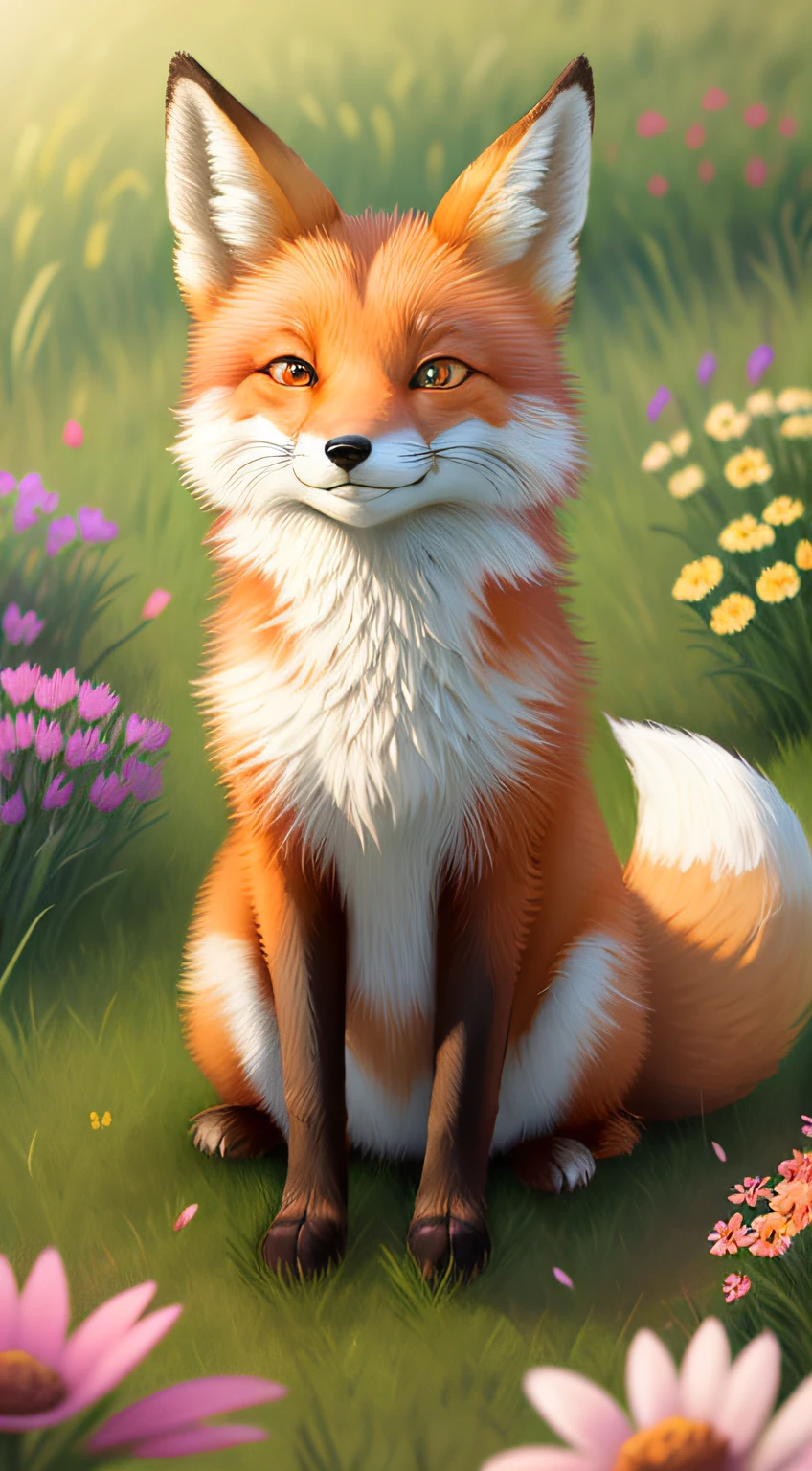 Beautiful fox, eyes open, smiling, grass, flowers, and good lighting