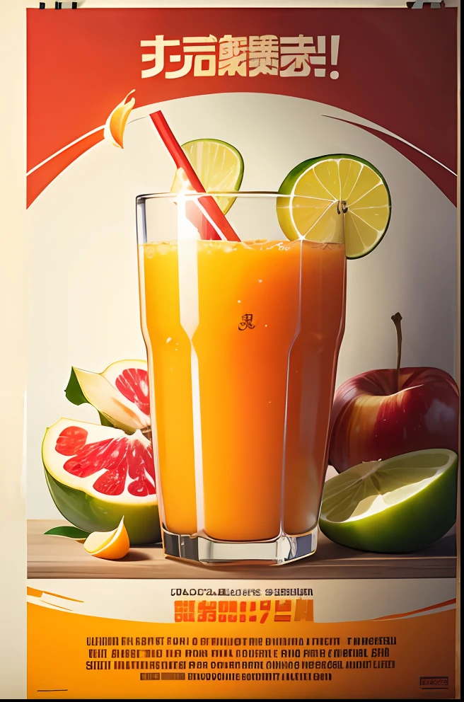 Poster close-up，A glass of juice and fruit, poster for'unlimited juice ', food advertisement, promotional poster, juice, poster for, Unlimited juice, a poster, overlaid with chinese adverts, image,  apple orange,, an advertising poster, Official product image, spilling juice, Juicy --auto