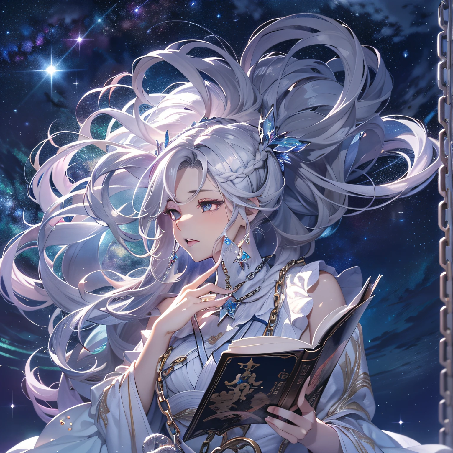 Andromeda、personification、(Beautiful silver hair long left and right２Adult woman with hairstyle modeled in braids in a book):1.3、((２Armed with a book chain)):1.8、(Beautiful spiral galaxy of the Andromeda Nebula shines in the night sky):1.9、​masterpiece、realisitic、RAW