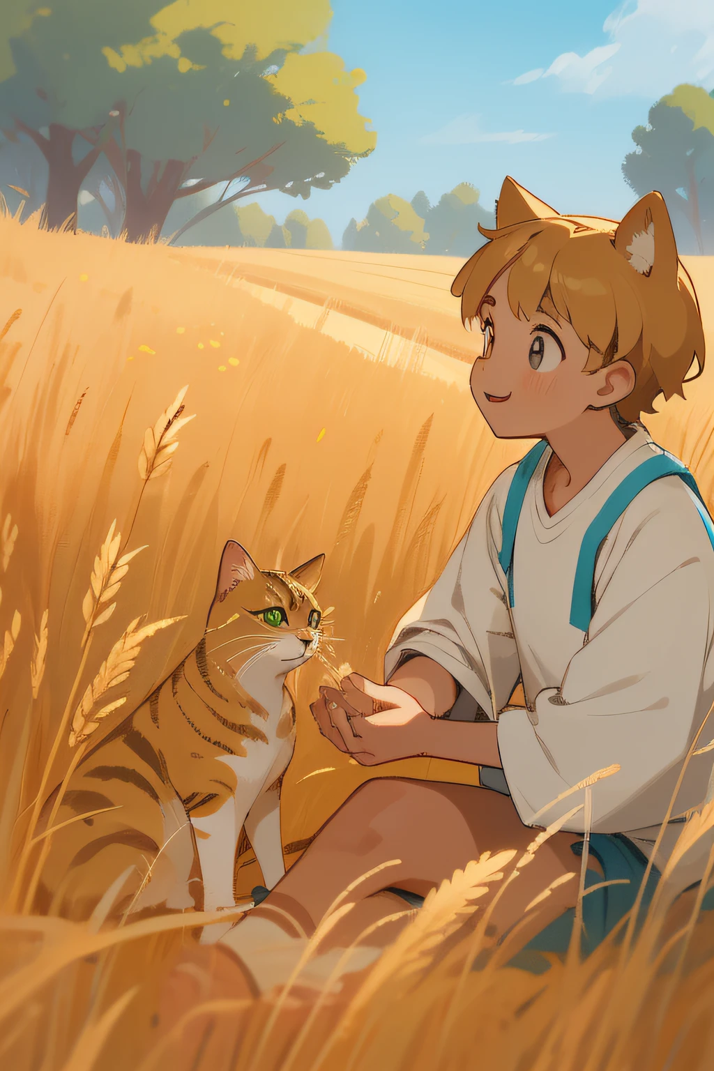 （Golden section composition），（Golden ratio），（of a guy：1.5），Sit in the shade of a golden wheat field，Playing with 1 cat，Ears of wheat grow tall，ssmile，The bird，grassy fields，Picnic cloth，blue-sky，baiyun，Hand drawn illustrations，a warm color palette