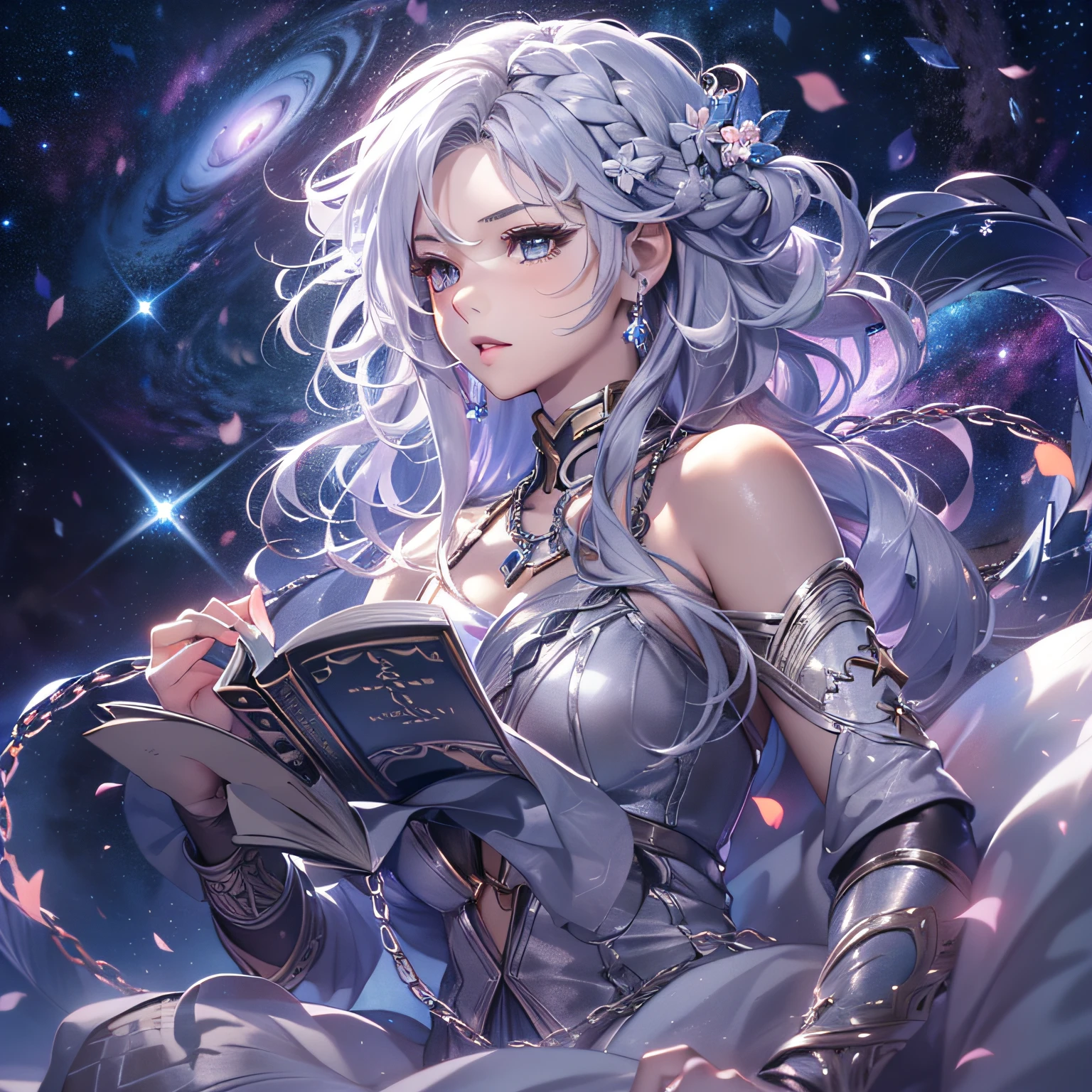 Andromeda、personification、(Beautiful silver hair long left and right２Adult woman with hairstyle modeled in braids in a book):1.3、((２Armed with a book chain)):1.8、(Beautiful spiral galaxy of the Andromeda Nebula shines in the night sky):1.9、​masterpiece、realisitic、RAW