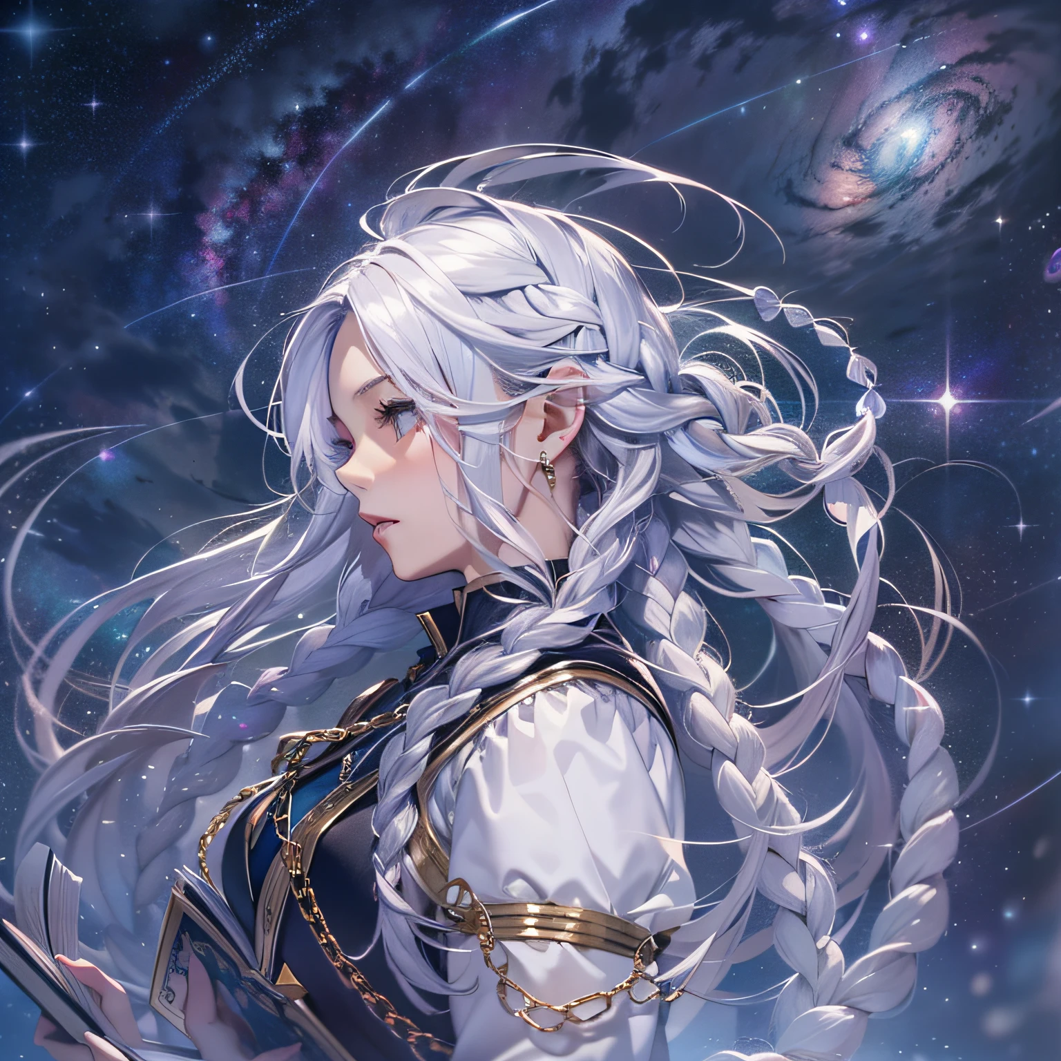 Andromeda、personification、(Beautiful silver hair long left and right2Adult woman with hairstyle modeled in braids in a book):1.3、((2Armed with a book chain)):1.8、(Beautiful spiral galaxy of the Andromeda Nebula shines in the night sky):1.9、masterpiece、realisitic、RAW