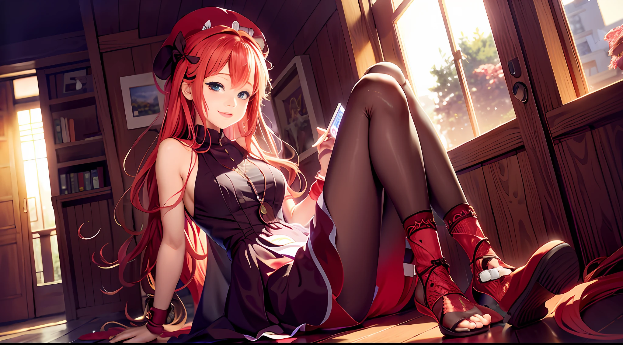 there is a woman that is sitting on the floor with a cell phone, seductive anime girls, Guviz-style artwork, photorealistic anime girl rendering, cute anime waifu in a nice dress, Beautiful anime girl, the anime girl is crouching, Photorealistic anime, Cute anime girl, up of young anime girl, beautiful anime girl crouching, Anime. Soft lighting --auto