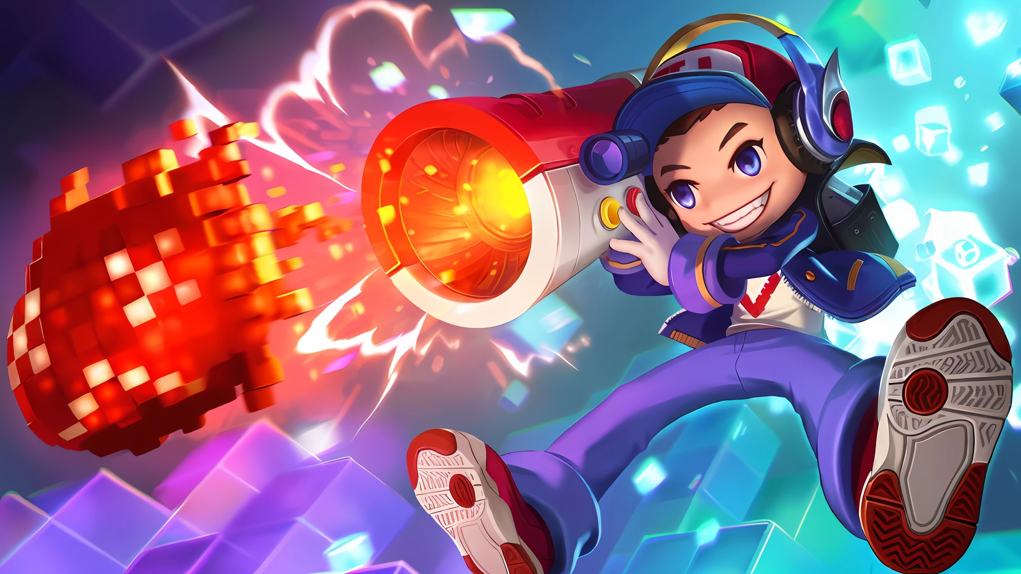 Close-up of a man in a hat and purple pants, kda, toonix character, Official artwork, videogame character, splash art brawlstars, MegaMan, As a character in Tekken, fighting game character, profile picture 1024px, MegaMan, character art of maple story, ninjartist, Cool pose, maple story gun girl
