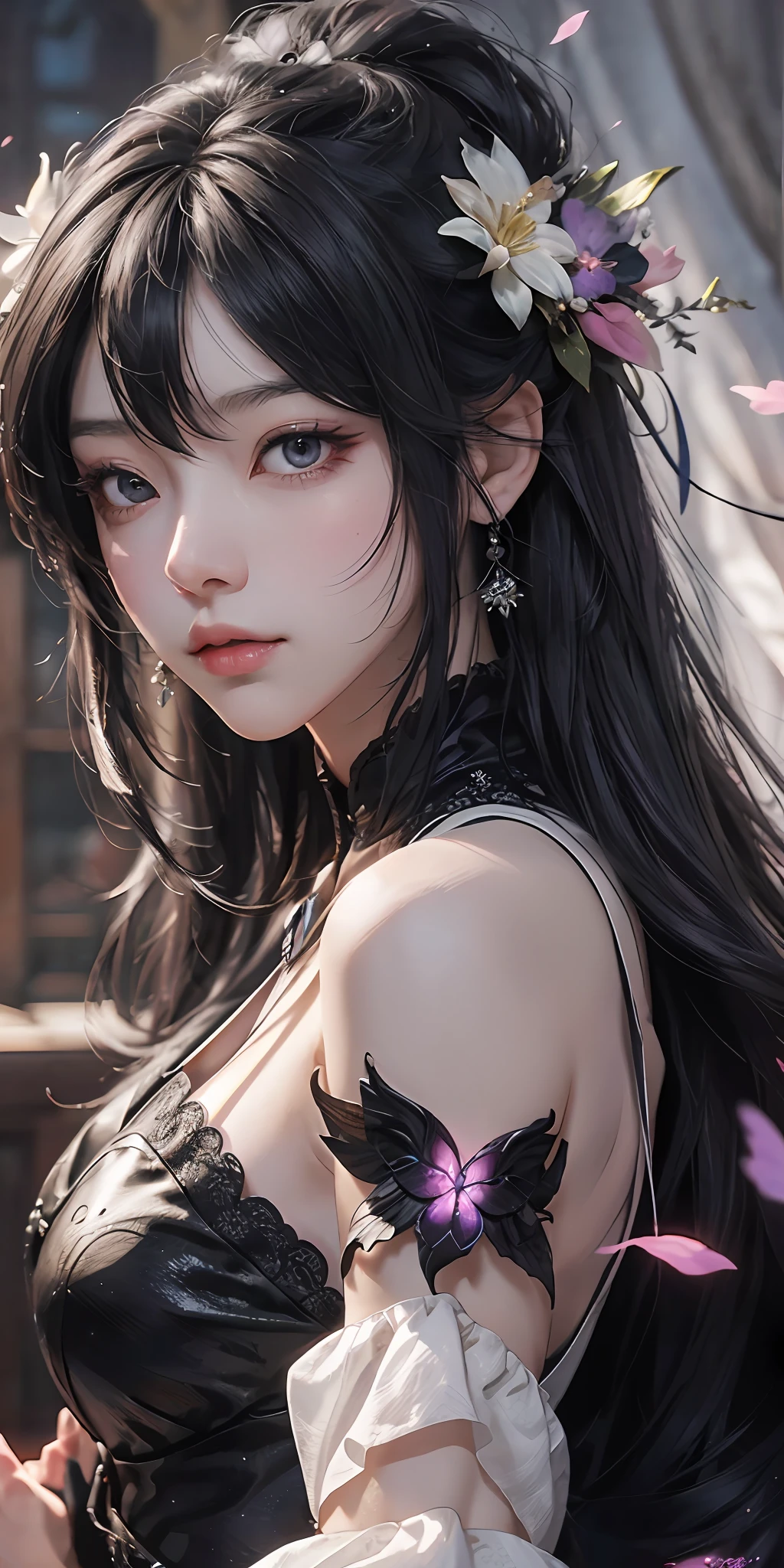 (Daisaku),(Need),(Super meticulous),1girl（black color hair）（White wings）（purple dress）animemanga girl, hyper detail eyes，（（putting makeup on）），（best illuminate，Extremely refined and beautiful）Guviz, beautiful fantasy anime, Guviz-style artwork, Detailed digital anime art, gothic maiden anime girl, 8K high quality detailed art,  guweiz masterpiece, Beautiful anime girl(beautiful  detailed face),(美丽细致的眼睛)
