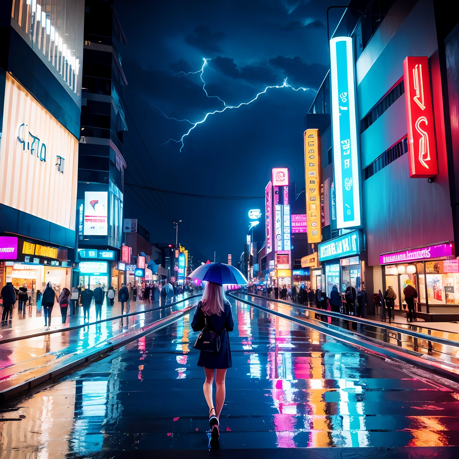 ModernCity,Neon light,After rain,Empty streets,The back of a woman holding an umbrella,Lightning, --auto