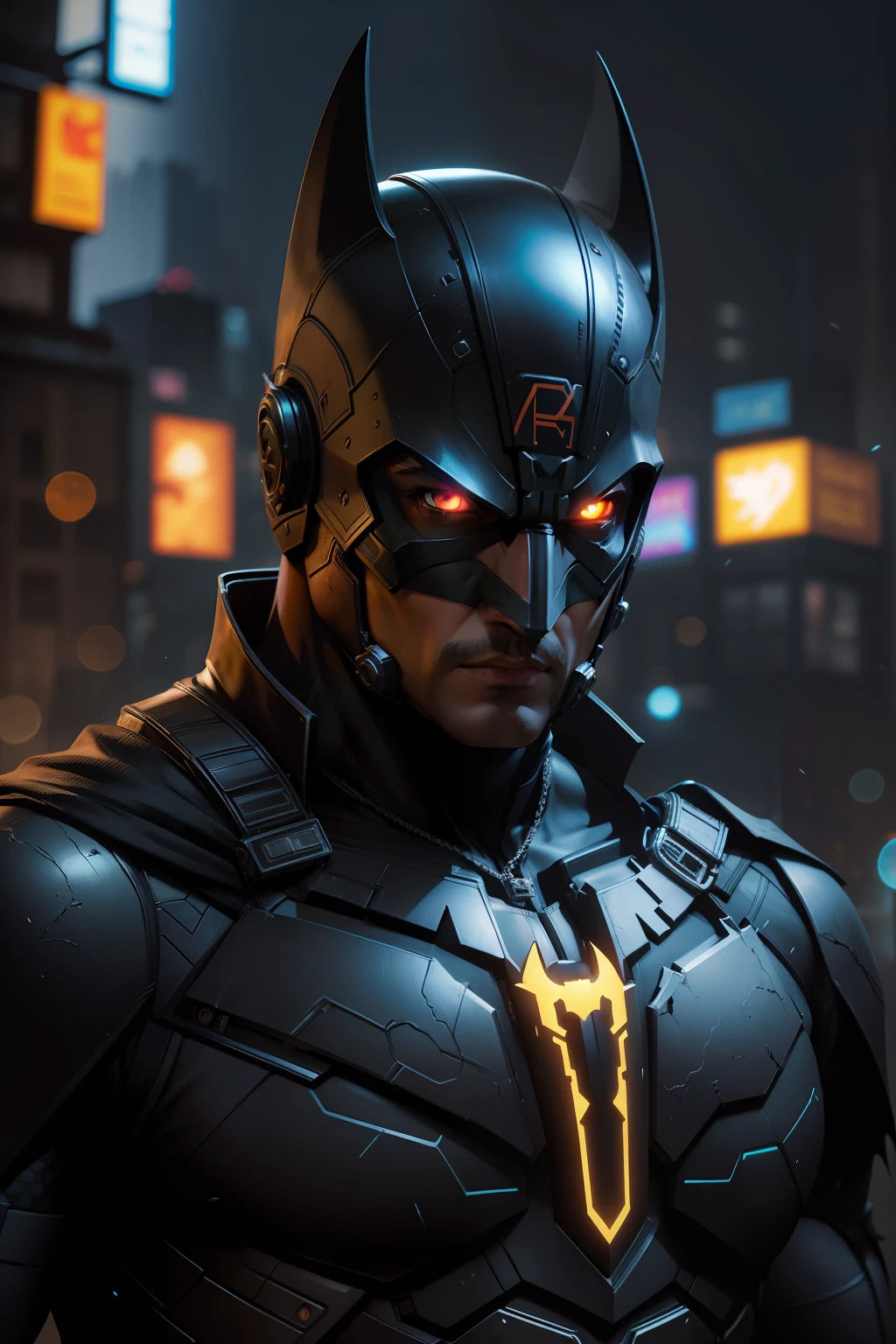 Indian Batman black suit glowing eyes, mumbai city instead of Arkham city (in cyberpunk style), Badass, Dark Knight Rises. A harmonious blend of colors. --ar 4:5 --s 750 --auto