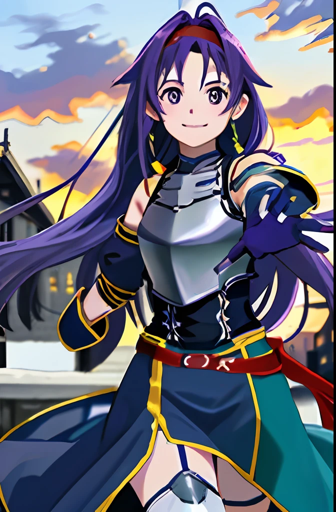 ​masterpiece、top-quality、Yuki Konno、Hi-Res、1girl、sinon1、white glove、thigh-high socks、pelvis curtain、Purple hair、Long hair with long hair、side locks、breastplates、Shoulder armor、Blue armor、cowboy  shot、reaching out her hands、a smile、outside of house、