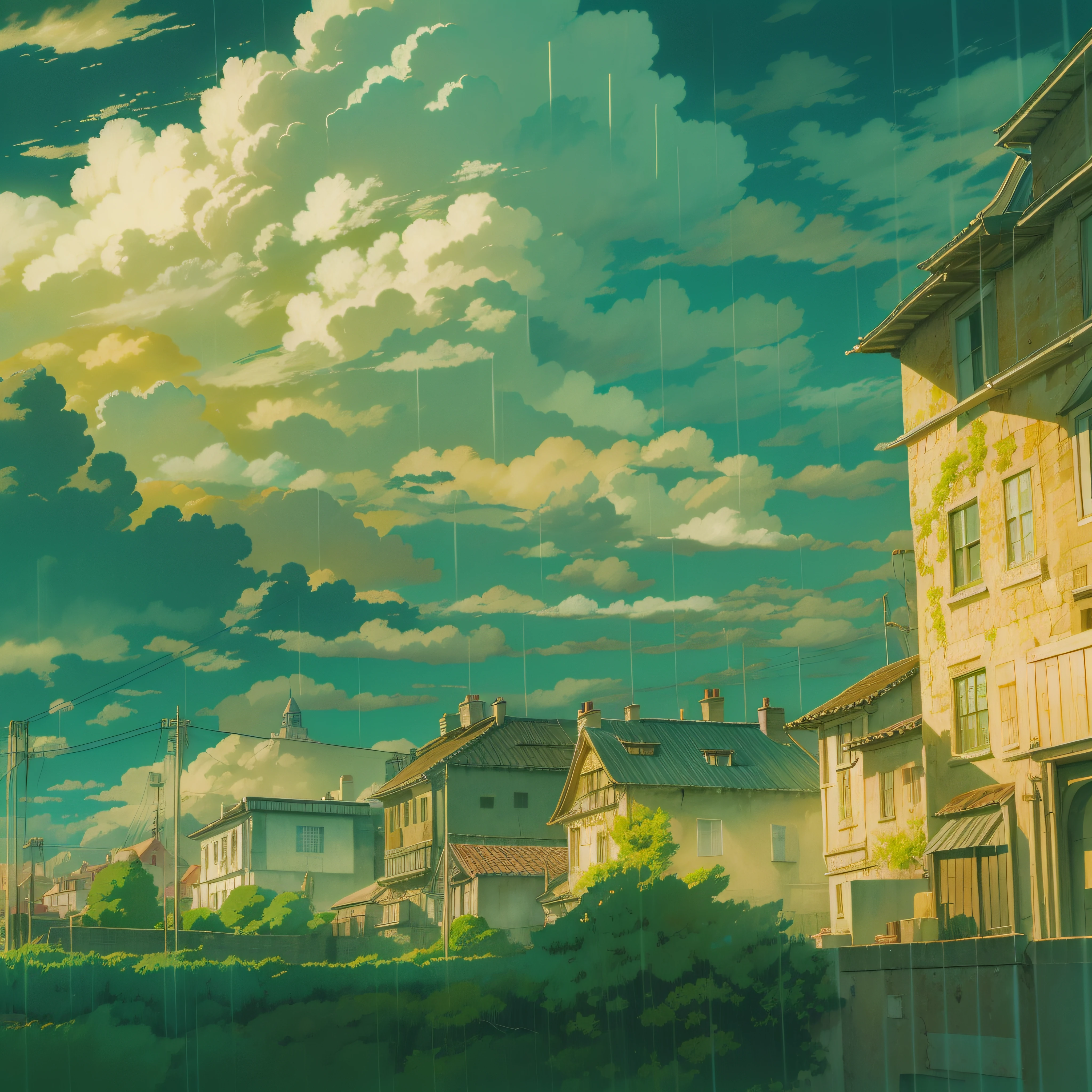 animesque、Skyscape with clouds、Landscape without buildings、You can see the touch of the brush、Studio Ghibli、Ghibli、a sultry、the ground is wet、Scenery、Style、Golden Time、sky line、evening