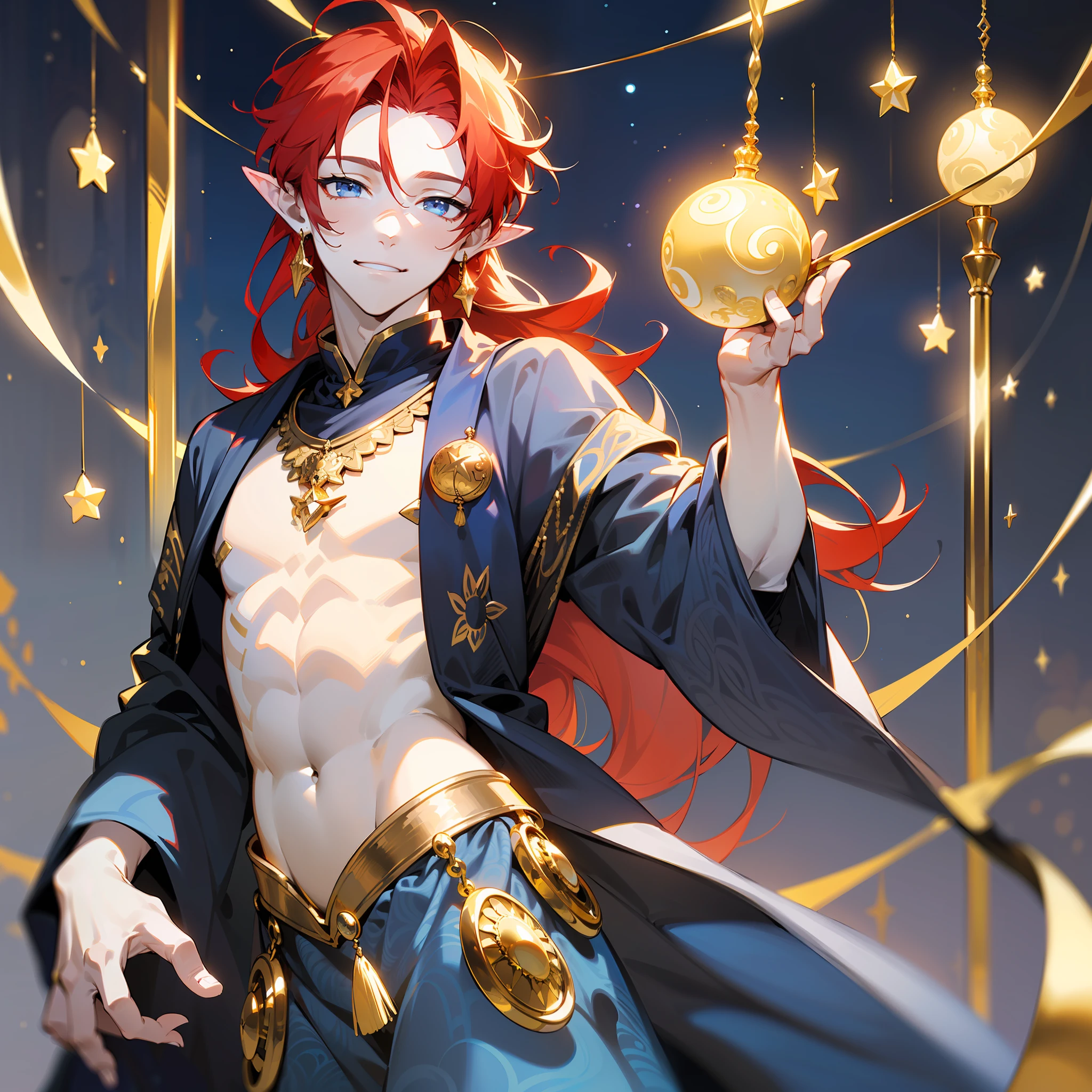 (((clothes))), (((black colored fabric))), (((black clothes))), flat chest, (((covered by black fabric))), (black shirt), (black top), (((fantasy style))), (((magical patterns on fabric))), ((fantasy patterns on fabric)), (((black fabric))), ((clothed)), (((male))), ((gold details)), (golden accessories), stars decoration, sun decoration, moon decoration
