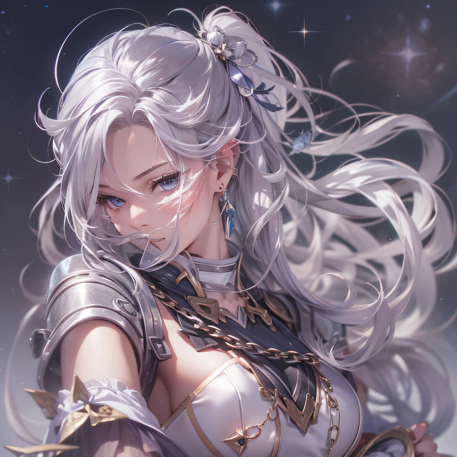 Andromeda、personification、Adult woman with beautiful long silver hair combined into pigtails and hairstyle model、2Armed with a book chain、Ahoge、masterpiece、realisitic