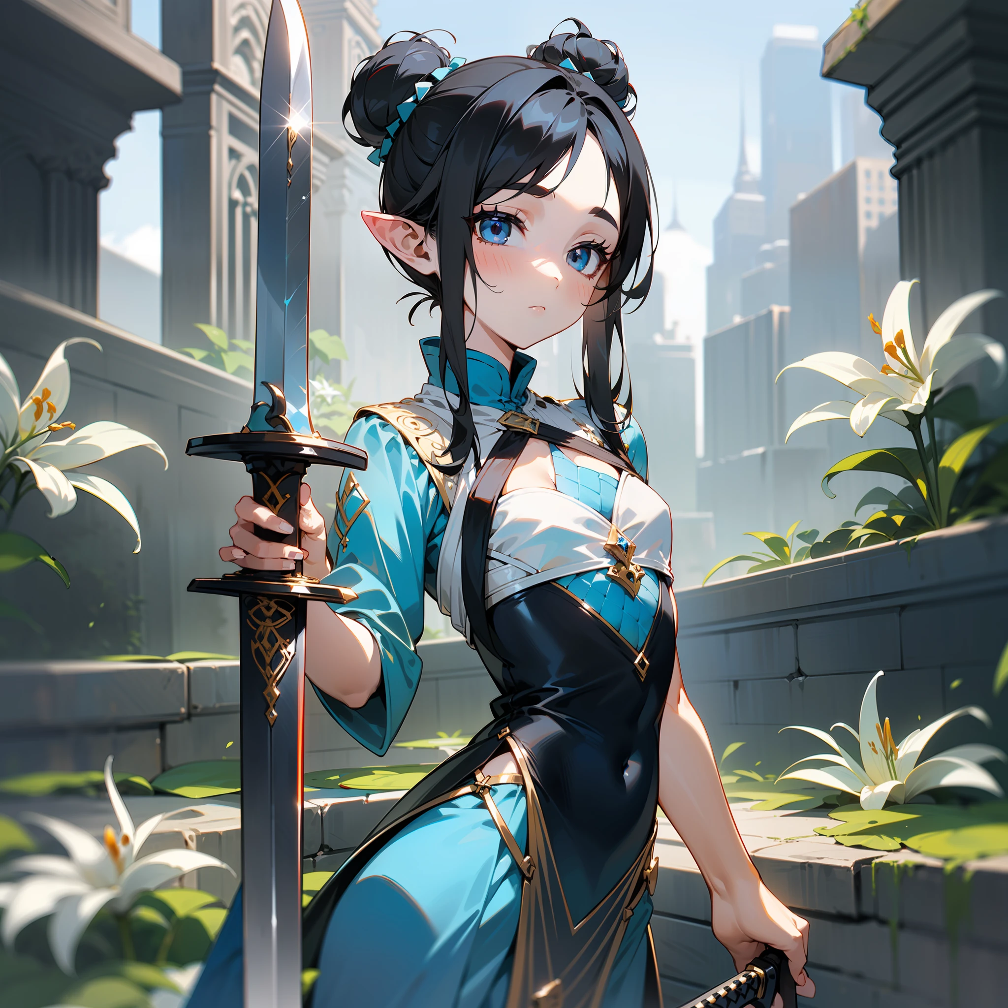 one girl, pale skin, (((slim body))), (((flat chest))), (((very flat chest))), (((extremely flat chest))), (((very small breast))), (((black hair))), (((black colored hair))), (((long hair))), (((straight hair))), (((no bangs))), ((no fringe)), (((her left eye is blue and her right eye is grey))), (((one blue colored eye))) and ((one grey colored eye)), pointy ears, (((one person))), ((single)), ((solo)), ((wearing fantasy clothes)), ((holding a big sword)), (fantasy style), small black hair bun, white lilies in the background, wearing a short dress, face resembling yeji from itzy