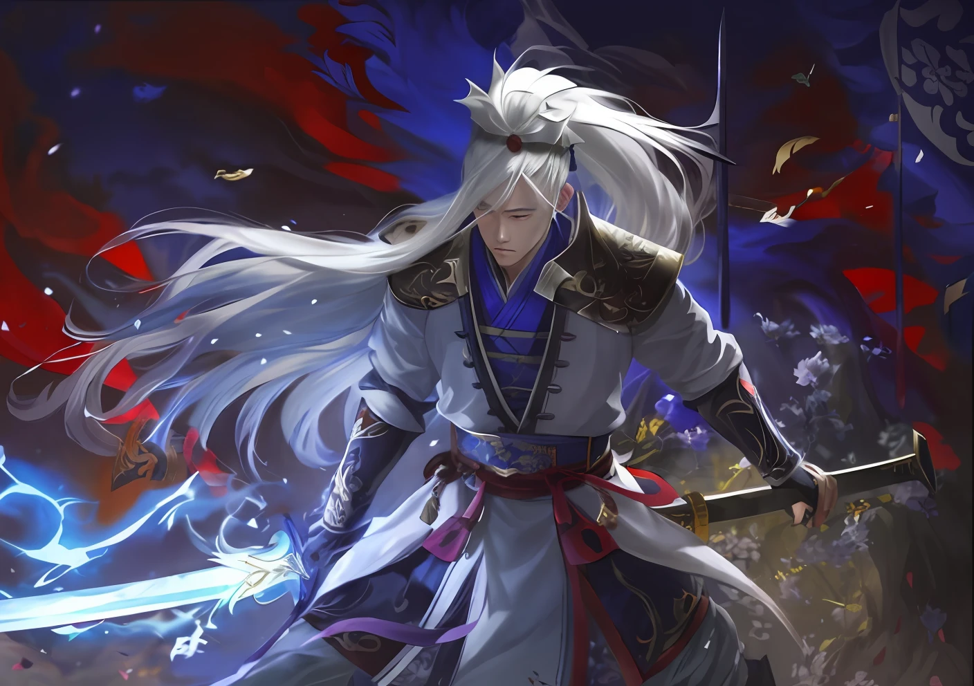 a close up of a person holding a sword and a sword, by Yang J, Inspired by Huang Shen, G Liulian art style, Onmyoji detailed art, zhongli from genshin impact, Keqing from Genshin Impact, onmyoji, inspired by Hong Ren, inspired by Li Gonglin, White-haired god, author:Yang Jin