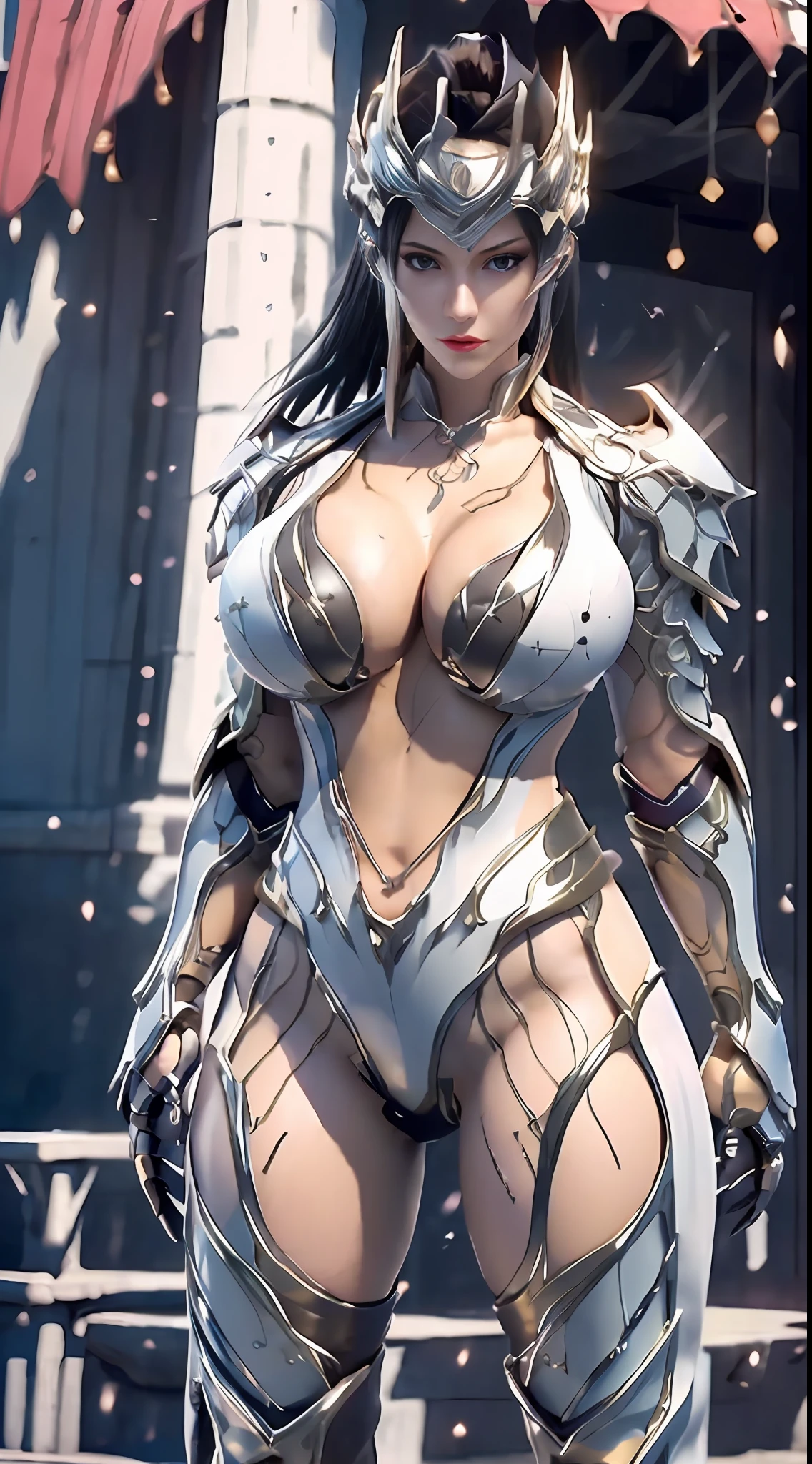 ((Unreal Engine 5)), Realistic Rendering, Excellent, Full armor, knight Cloak, helm, (Yoga hotpants), looking on camera, sexy posing walking down on street, beautiful face, kpop makeup, CGmix, (photorealism:1.2), (perfect fingers), ultrarealistic uhd face, (huge fake boobs:1.4), (gigantic breasts:1.1), (muscle abs), (big butt), (wide hips), (thick thighs), slim waist, hourglass figure, half body, ((glowing skin)), ((shiny skin)), Realistic body, ((she is sexy body)), ((clean skin)), photorealistic, bokeh, motion blur, masterpiece, highres, 1080P, super detail, textured skin.