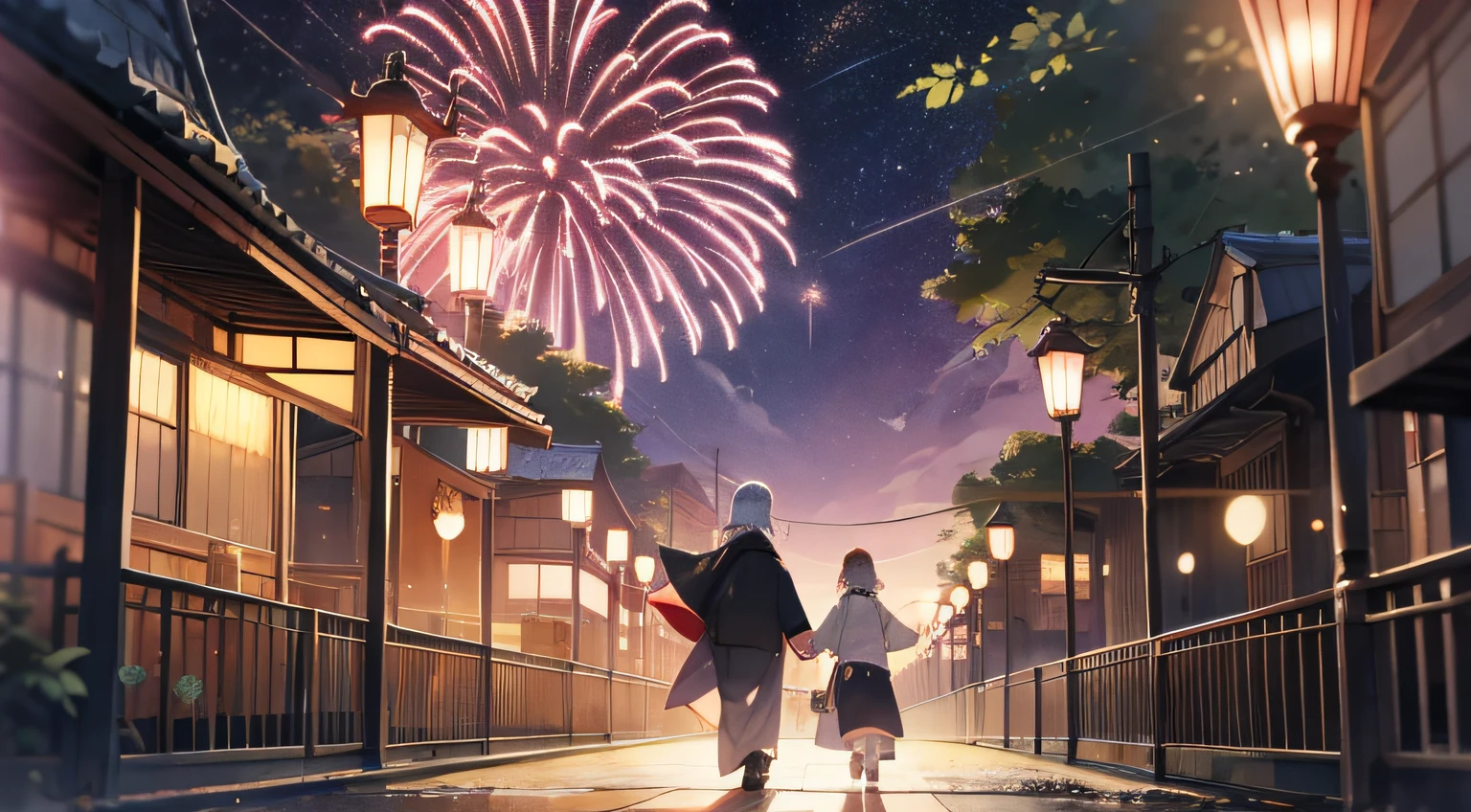 Walking hand in hand with mother at fireworks display venue５There is a girl of year old, traditional japanese concept art, [ Fireworks in the sky ]!!