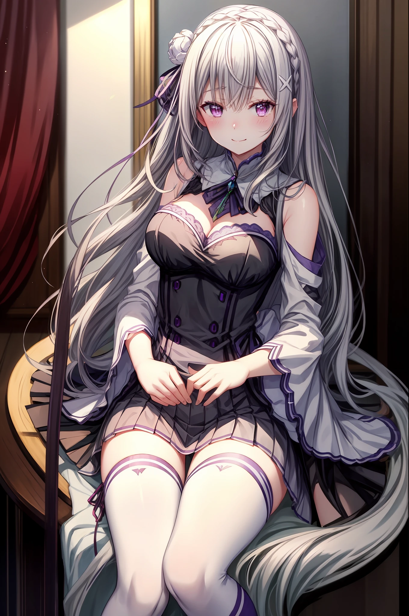 Amelia:2.0，Super meticulous，Unity 8k壁纸，Volumetriclighting，Best shadow，shallowdepthoffield，Enjoy the scenery，Shut your mouth, longer sleeves, big breasts thin waist, Short black pleated skirt, black high-socks、the sideview、（Highest image quality、astonishing detail：1.25）、（独奏：1.3）、Brilliant and colorful paintings，ssmile，gentleness，effeminate，Random scenes，very happily，smallunderboob