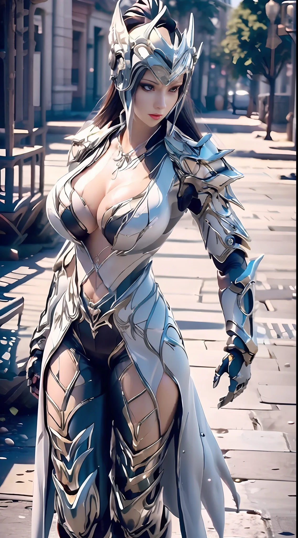 ((Unreal Engine 5)), Realistic Rendering, Excellent, Full armor, knight Cloak, helm, (Yoga hotpants), looking on camera, sexy posing walking down on street, beautiful face, kpop makeup, CGmix, (photorealism:1.2), (perfect fingers), ultrarealistic uhd face, (huge fake boobs:1.4), (gigantic breasts:1.1), (muscle abs), (big butt), (wide hips), (thick thighs), slim waist, hourglass figure, half body, ((glowing skin)), ((shiny skin)), Realistic body, ((she is sexy body)), ((clean skin)), photorealistic, bokeh, motion blur, masterpiece, highres, 1080P, super detail, textured skin.