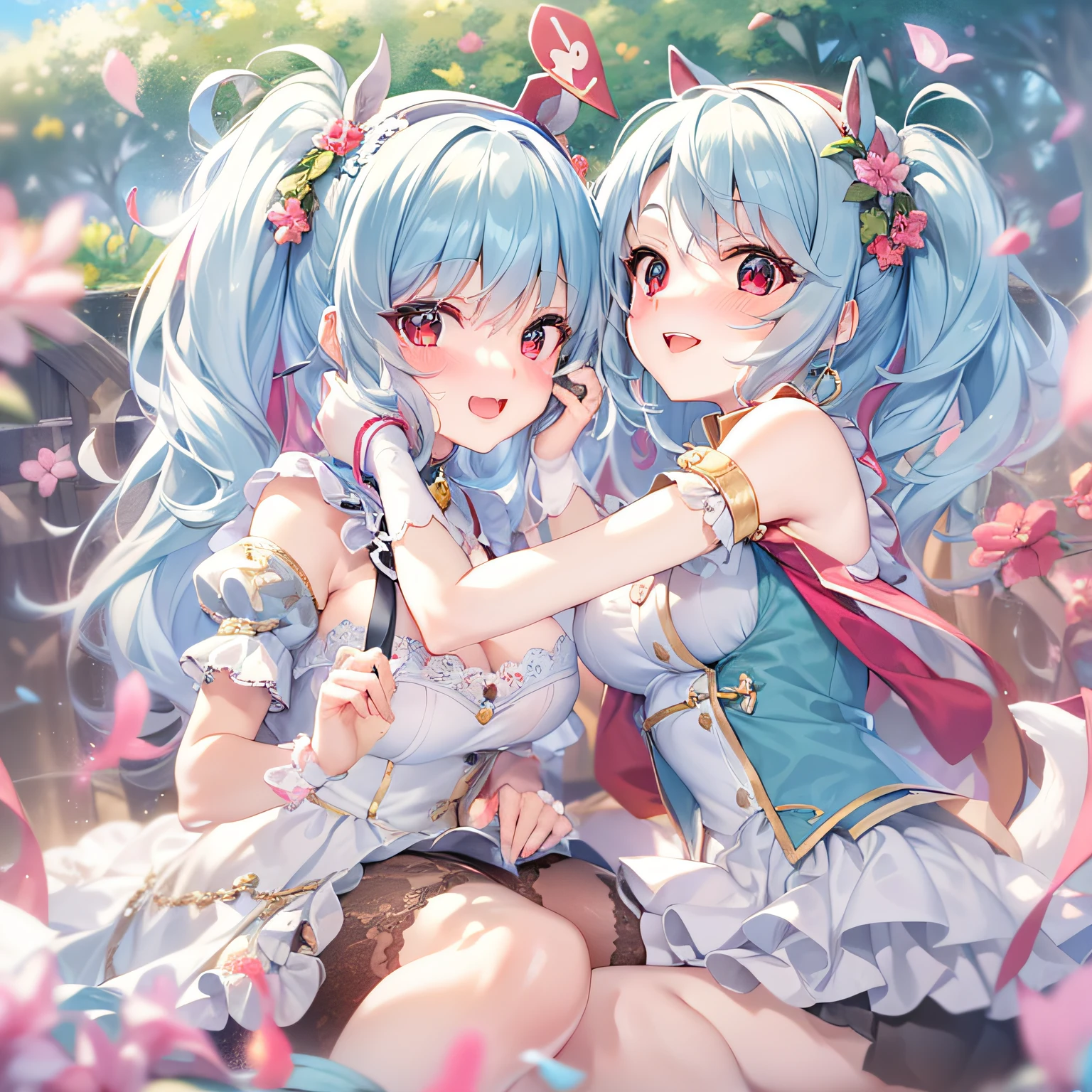 Light smile, Twin sisters, adolable, lolitahairband, Semi-closed Eyes, Seductive smile, nose blush, covering ears, blue hair, blue-sky, Green meadows, white stockings, sideface, dual horsetail, teens girl, largeeyes, JK, long whitr hair, Red pupils, Stroke chest with one hand, duck sitting, Cute, Lori huge breasts cleavage, Depth of field, foreshortening, first person perspective, Anime moe art style, 8K, Super detail, ccurate, Best quality, tmasterpiece