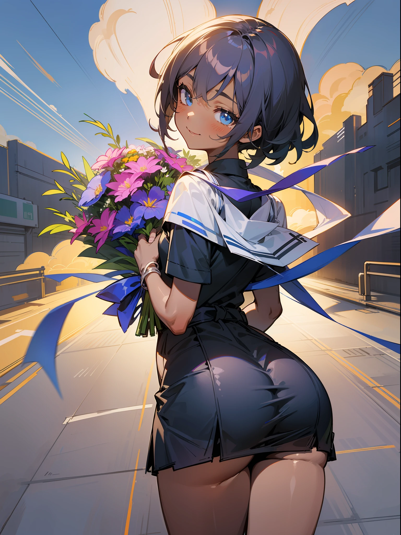 ​master piece,hyper quality, Hyper Detailed,Perfect drawing,独奏、Hi-Res、a beauty girl、(((holding a large bouquet wrapped in a ribbon and tied to the chest)))、student clothes、a miniskirt、Stick your butt out、turned around、big round ass、(darkskin:1.5)、cute smile face、bustup、Shooting from the back diagonally below、Street Trees、blue-sky、cumulonimbus clouds、beatiful backgrounds、Detailed drawing、Accurate drawing。