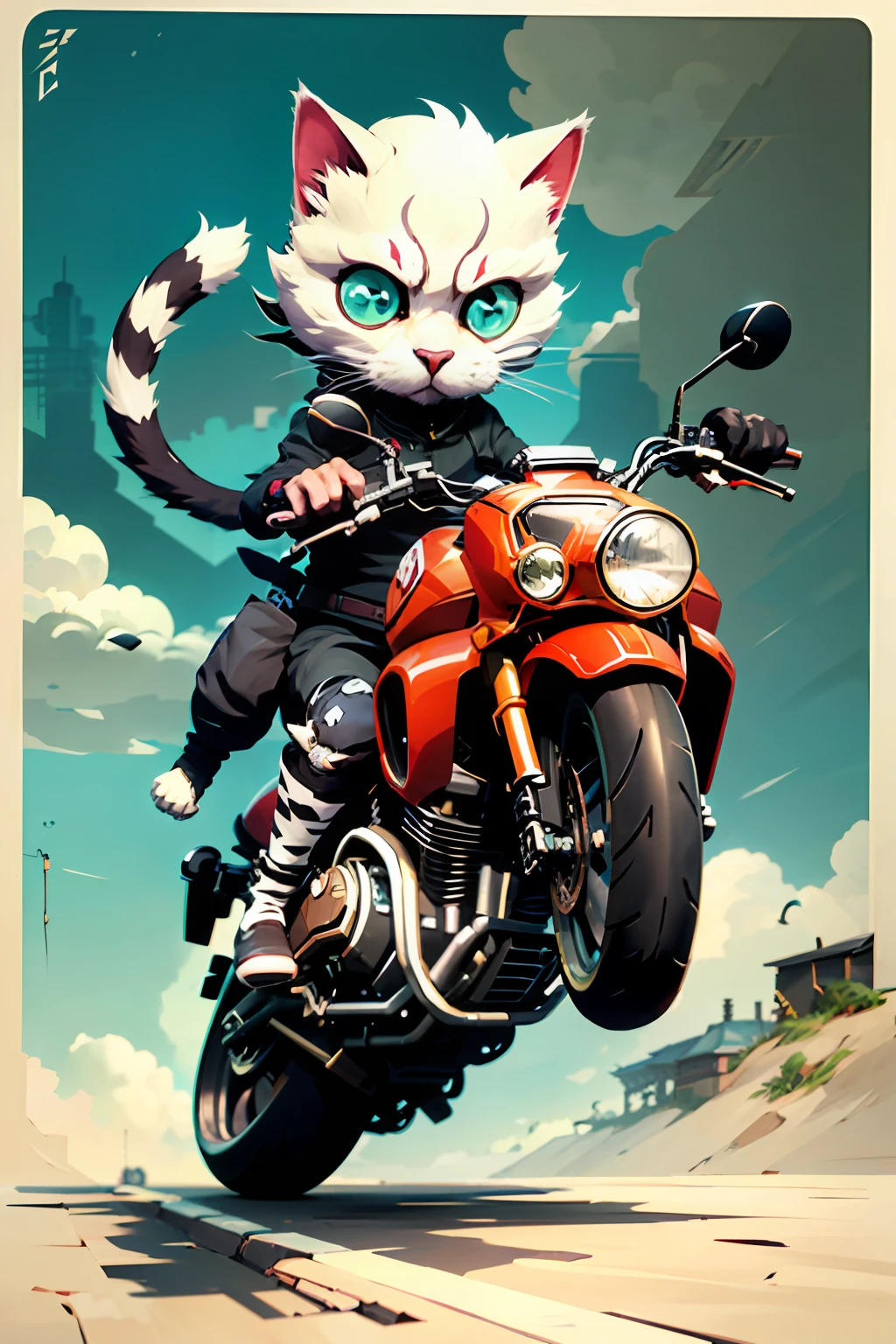 Cartoon cat riding motorcycle,Cartoon Art Style, Cartoon Art Style, in style of digital illustration, anime cat, In anime style, Cat on a motorcycle, akira motorcycle, Flat anime style, Anime art style, Bicycle cat, anthropomorphic cat ninja, gta chinatowon art style, Cartoon style illustration, Furry art