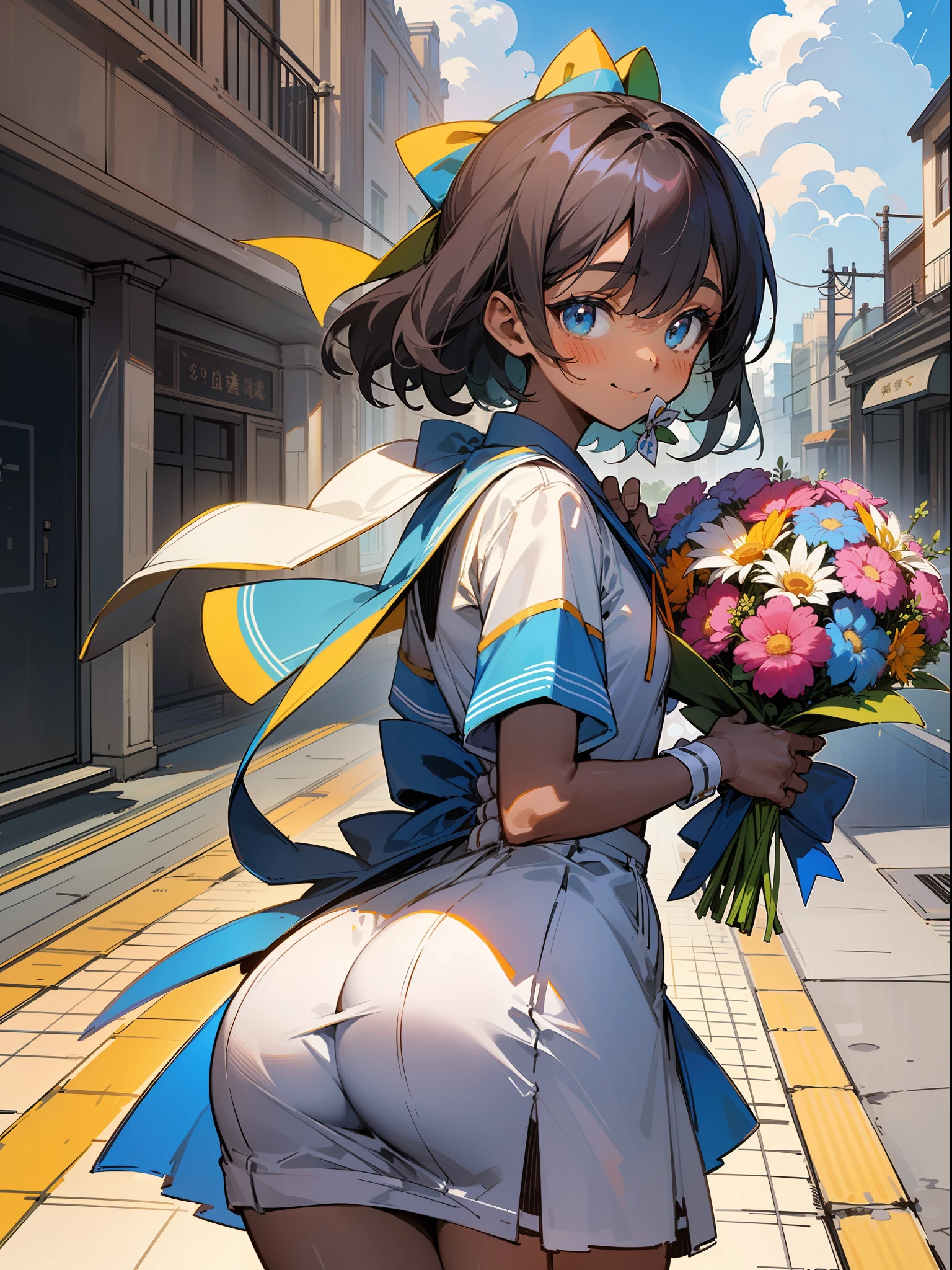 ​master piece,hyper quality, Hyper Detailed,Perfect drawing,独奏、Hi-Res、a beauty girl、(((holding a large bouquet wrapped in a ribbon and tied to the chest)))、student clothes、a miniskirt、Stick your butt out、turned around、big round ass、(darkskin:1.5)、cute smile face、bustup、Shooting from the back diagonally below、Street Trees、blue-sky、cumulonimbus clouds、beatiful backgrounds、Detailed drawing、Accurate drawing。