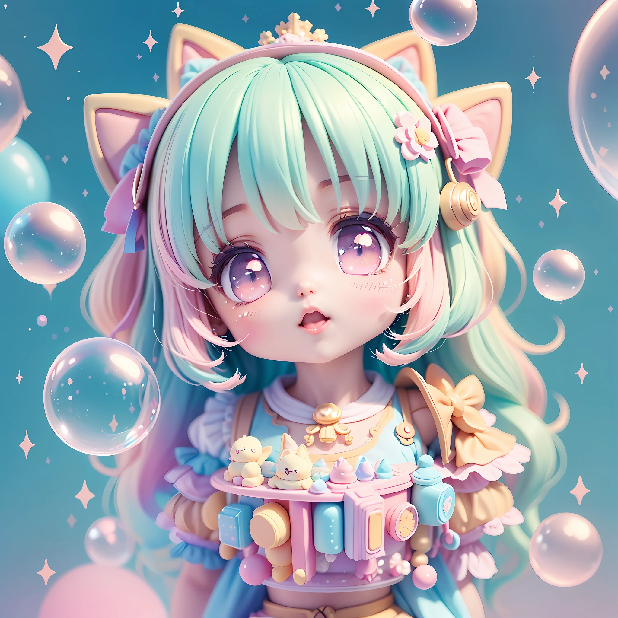 chibi looking up, leaning, bubbles around, kawaiitech, kawaii, cute, pastel colors, best quality, happy