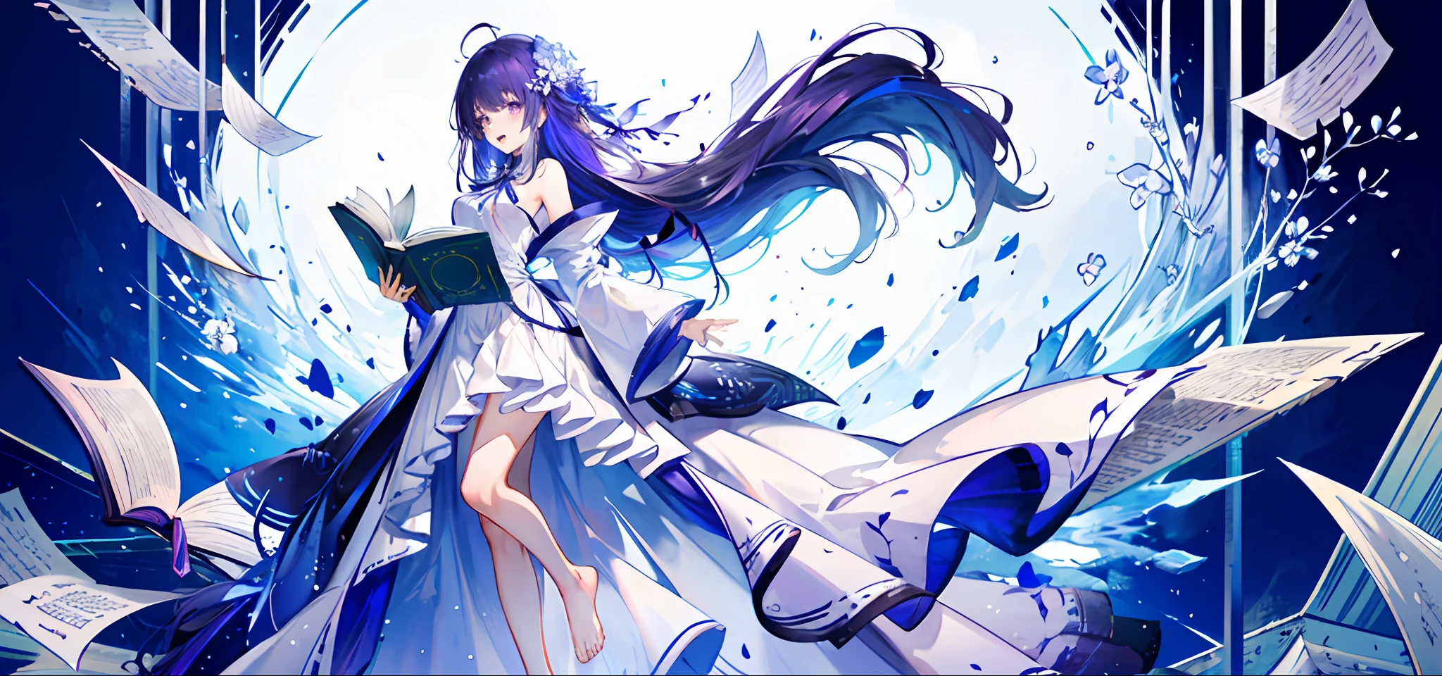 ((best quality)), ((masterpiece)), ((ultra-detailed)), (illustration), (detailed light), (an extremely delicate and beautiful),1girl, solo, barefoot, long hair, purple hair, purple eyes, book, full body, dress, ahoge, looking at viewer, white dress, detached sleeves, hair ornament, bangs, holding, wide sleeves, purple ribbon, blush, smile, standing, star (symbol), breasts, bare legs, very long hair, toes, ribbon, long sleeves, jewelry, feet, open book, open mouth, holding book, sleeveless, bare shoulders, flower, frills, bow, hair flower