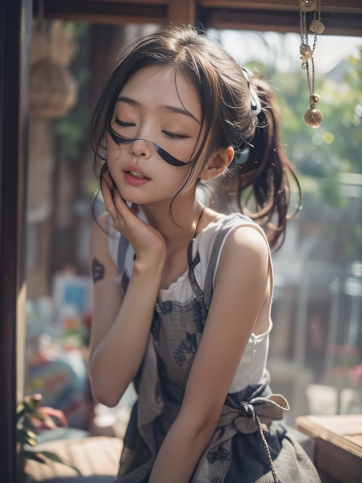 16k、Raw photo、(masuter piece)、(top-quality)、Hi-Res、(Close eyes):1.5, (Open mouth):1.5 Real numbers、((Looking Up))(1girl )、(realisitic、Photorealsitic:2.0), Upper body、Ponytail,Sleeveless、skinny、18years、small tits、Eyes closed、Deep sadness、Sorrow、look up sky、Open mouth、Bedrooms、Background blur