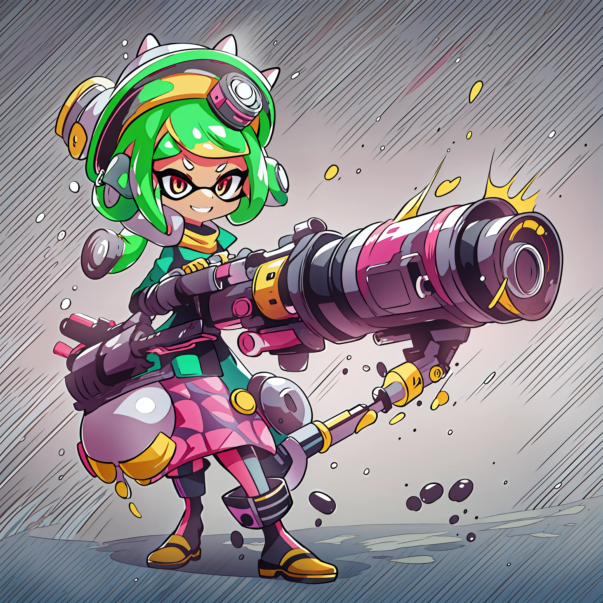 Character of a woman with a Gatling gun, with splatoon style, Splatoon 3, Splatoon,, splashcreen character art, videogame character, video game character art, Gatling、Barrel Spinner