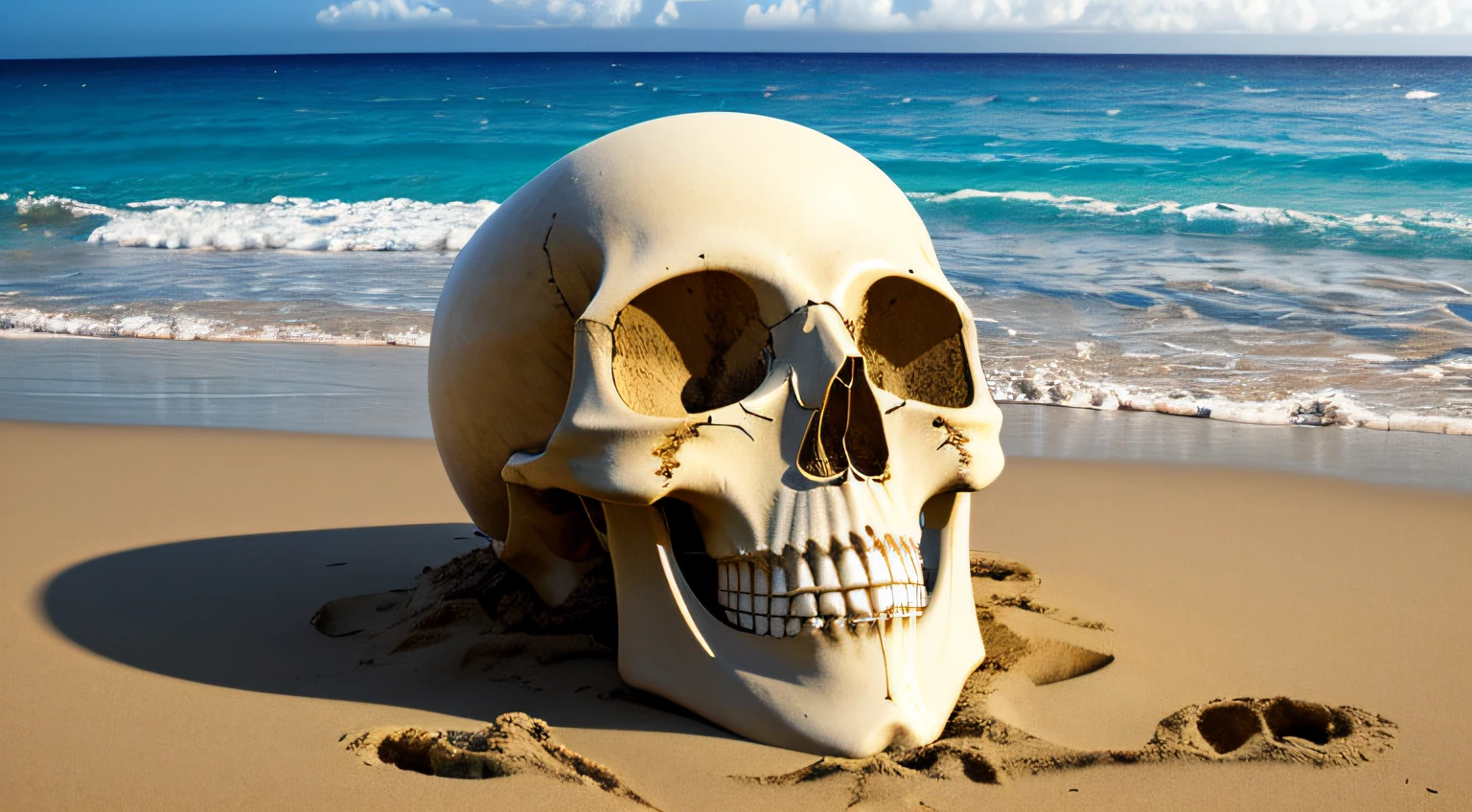 hawaii art, face in sun , skull, beach