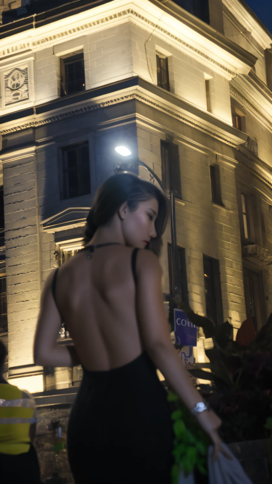 Walking down the street was a woman in a dress, Watching from behind, gothic city streets behind her, photo still of behind view, With your back to the camera, close-up shot from behind, With your back to the camera, rear-shot, Watching from behind, taken from behind, Watching from behind, back - shot, posterior view, Back shot --auto