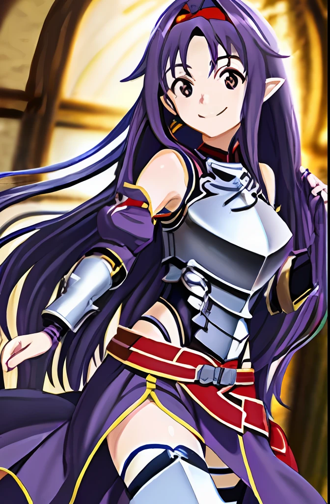 ​masterpiece、top-quality、Yuki Konno、Hi-Res、1girl、yuuki1、white glove、thigh-high socks、pelvis curtain、Purple hair、Long hair with long hair、side locks、breastplates、Shoulder armor、Blue armor、cowboy  shot、a smile、outside of house、