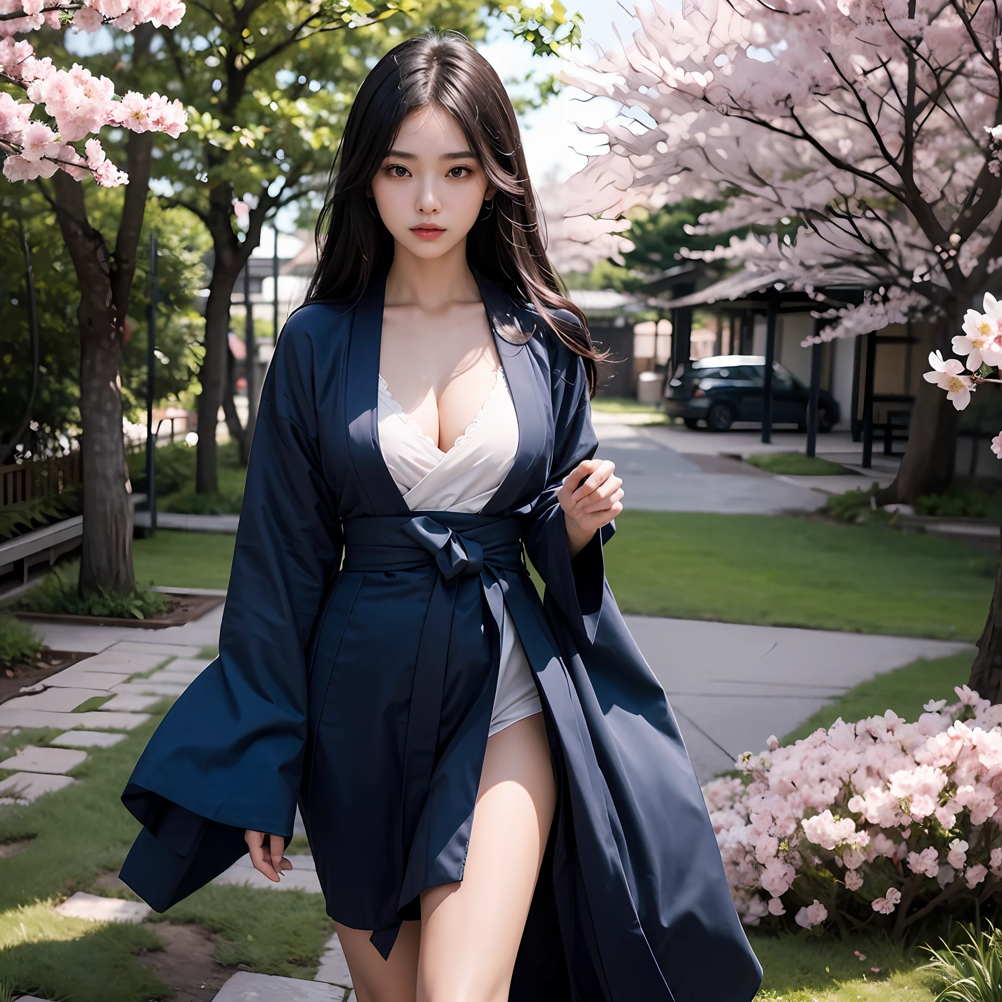 {{{masterpiece}}}, {{{best quality}}}, {{{ultra-detailed}}}, {cinematic lighting}, {illustration}, 1_girl, female samurai, long white hair, cleavage, sexy ass, sexy breasts, hakama, katana, cherry blossoms,loose hair, wind on hair,(open Shinsengumi Haori),front view,,