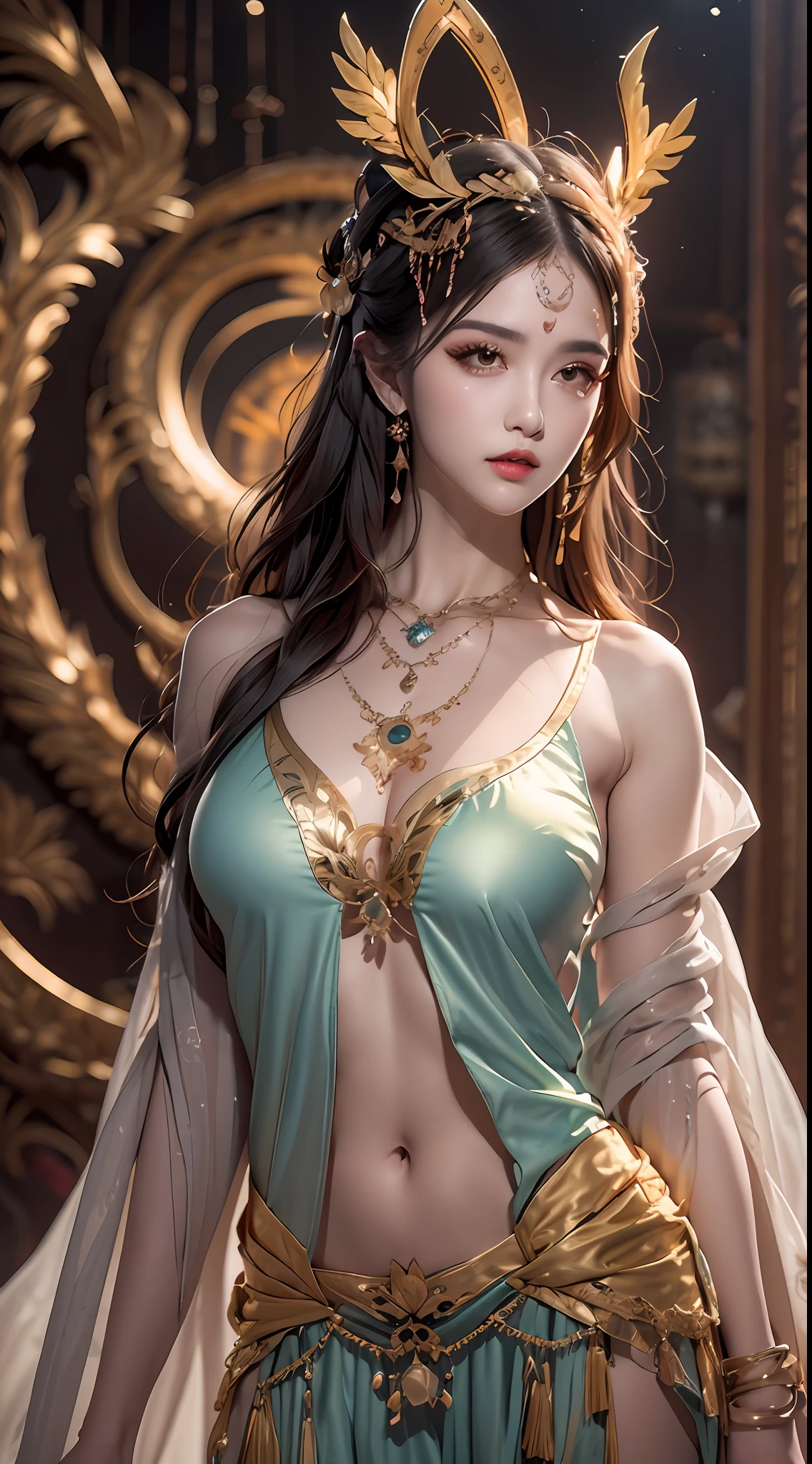 1 20 year old girl, 1 goddess Athena, colorful silk dress, beautiful goddess Athena face without blemishes, thin colorful nightgown, long thin female nightgown with many sexy black lace details, saint legend, saint icon, beautiful goddess style elegant glitter, dark and mysterious version, holy woman crown, vermilion lips, thin and beautiful lips, detailed and beautiful, karol character, no smile intricate, detailed background, extremely detailed, light magic, (pure and spotless face: 1.9), holy woman's body, round breasts, big and round breasts, phoenix brooch, long flat bangs, (7-color rainbow-colored hair: 1.9), clear beautiful face and well-proportioned eyes, (transparent yellow eyes: 1.8), (big round eyes and meticulous make-up, very beautiful and hidden makeup, long blonde hair, hidden makeup, beautiful and meticulous sleeping ring, pale, upper body, (sanctus upper bodies): 1.8), drooping arms, Realistic and vivid images, (stars that make up the sky: 1.7), (sky of heaven and fictional gates of time and space: 1.8), fictional art, RAW photos, hanfu photos, best photos, high resolution, best quality, best photos, surreal portraits, surreal female images, 8k quality , single female saint portrait, most realistic color scheme, best photo color, masterpiece, hair decoration, necklace, jewelry, pretty face, upper body, brand tyndall effect, real photo, dark studio, rim light, two-tone light, (rose white skin: 1.4), (high skin detail: 1.1), 8k uhd, dslr, high resolution, soft light, high quality, high quality h, Smooth and sharp, 10x pixelated, sexy goddess, sexy goddess, (background space: 1.8), (galaxy: 1.7) ), aurora, lightning, (Aurora Background: 1.8), most beautiful eyes, picture perfect eyes, beautiful saint and flowers, athena alone,