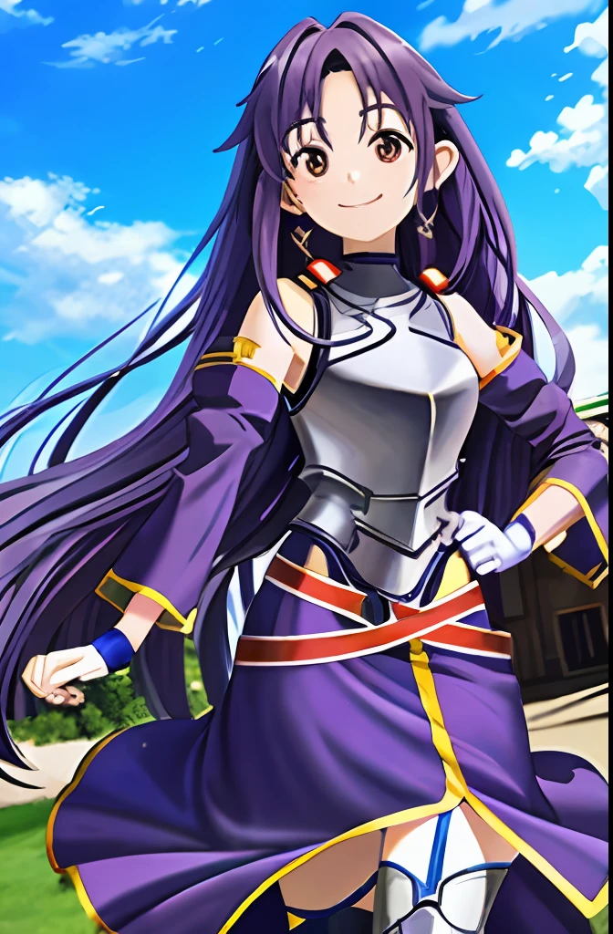 ​masterpiece、top-quality、Yuki Konno、Hi-Res、1girl、yuuki1、white glove、thigh-high socks、pelvis curtain、Purple hair、Long hair with long hair、side locks、breastplates、Shoulder armor、Blue armor、cowboy  shot、a smile、outside of house、