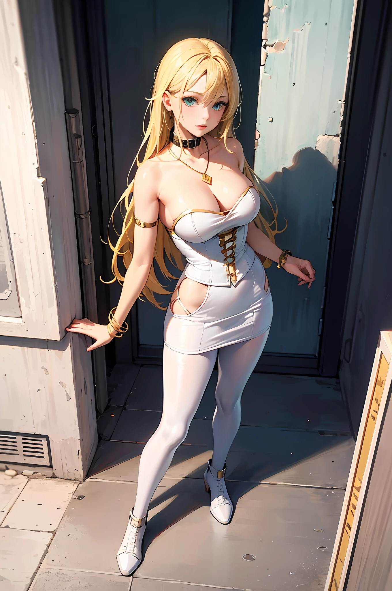 round image,(masterpiece:1.3), (the best quality:1.2), (super fine illustrations:1.2), (Masterpiece), high quality, high detail,(SOLO:1.4),((round image)),[(white background:1.1)::5],[(cyberpunk:1):5],[(game character portrait:1.2):5],

{1 girl},{solo},(((full body))),{{{only five fingers}}},((yellow))long  hair((yellow and (White) ends)),long hair,whole body, pantyhose,look at viewer, from above, aqua eyes, cyberpunk, bare shoulder, gold collar, necklace, bracelet, golden chain armor, bustier