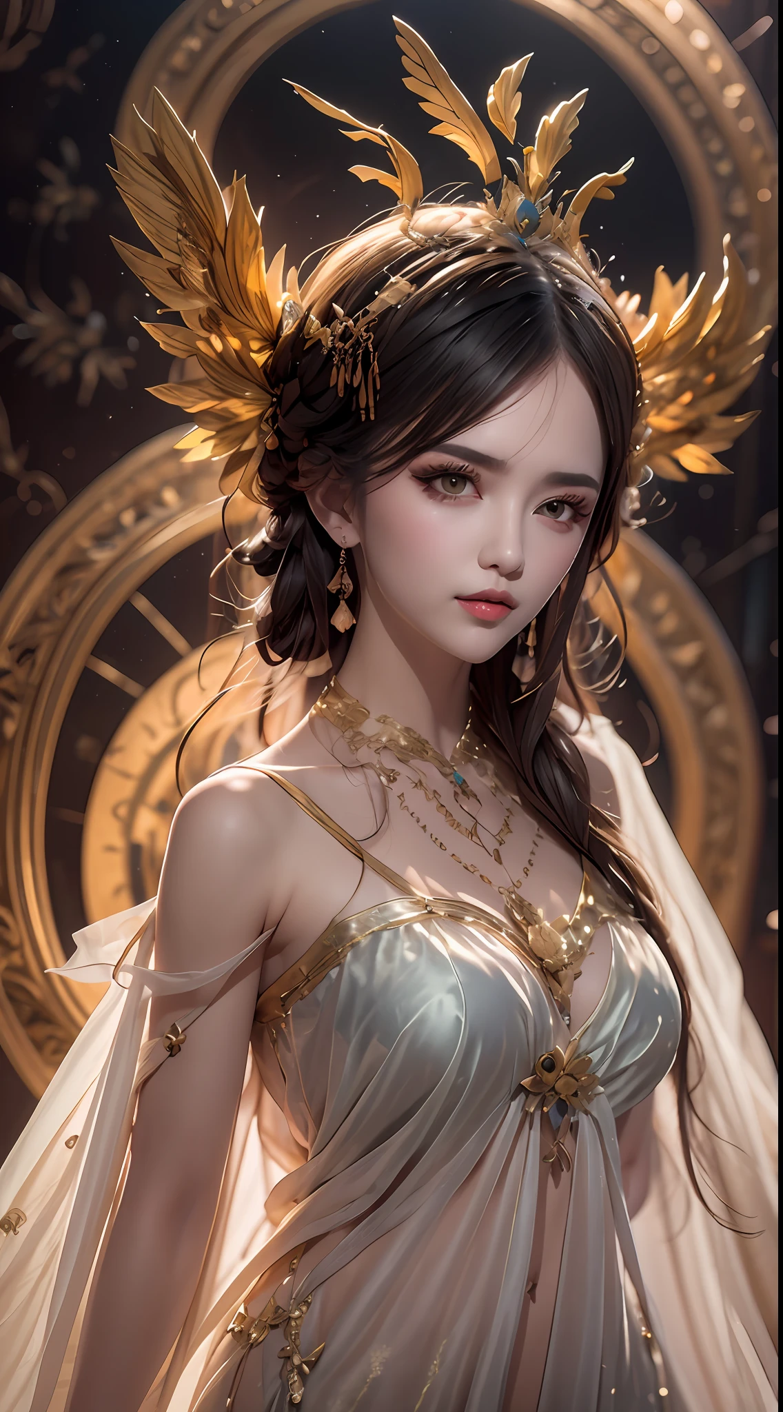 1 20 year old girl, 1 goddess Athena, colorful silk dress, beautiful goddess Athena face without blemishes, thin colorful nightgown, long thin female nightgown with many sexy black lace details, saint legend, saint icon, beautiful goddess style elegant glitter, dark and mysterious version, holy woman crown, vermilion lips, thin and beautiful lips, detailed and beautiful, karol character, no smile intricate, detailed background, extremely detailed, light magic, (pure and spotless face: 1.9), holy woman's body, round breasts, big and round breasts, phoenix brooch, long flat bangs, (7-color rainbow-colored hair: 1.9), clear beautiful face and well-proportioned eyes, (transparent yellow eyes: 1.8), (big round eyes and meticulous make-up, very beautiful and hidden makeup, long blonde hair, hidden makeup, beautiful and meticulous sleeping ring, pale, upper body, (sanctus upper bodies): 1.8), drooping arms, Realistic and vivid images, (stars that make up the sky: 1.7), (sky of heaven and fictional gates of time and space: 1.8), fictional art, RAW photos, hanfu photos, best photos, high resolution, best quality, best photos, surreal portraits, surreal female images, 8k quality , single female saint portrait, most realistic color scheme, best photo color, masterpiece, hair decoration, necklace, jewelry, pretty face, upper body, brand tyndall effect, real photo, dark studio, rim light, two-tone light, (rose white skin: 1.4), (high skin detail: 1.1), 8k uhd, dslr, high resolution, soft light, high quality, high quality h, Smooth and sharp, 10x pixelated, sexy goddess, sexy goddess, (background space: 1.8), (galaxy: 1.7) ), aurora, lightning, (Aurora Background: 1.8), most beautiful eyes, picture perfect eyes, beautiful saint and flowers, athena alone,