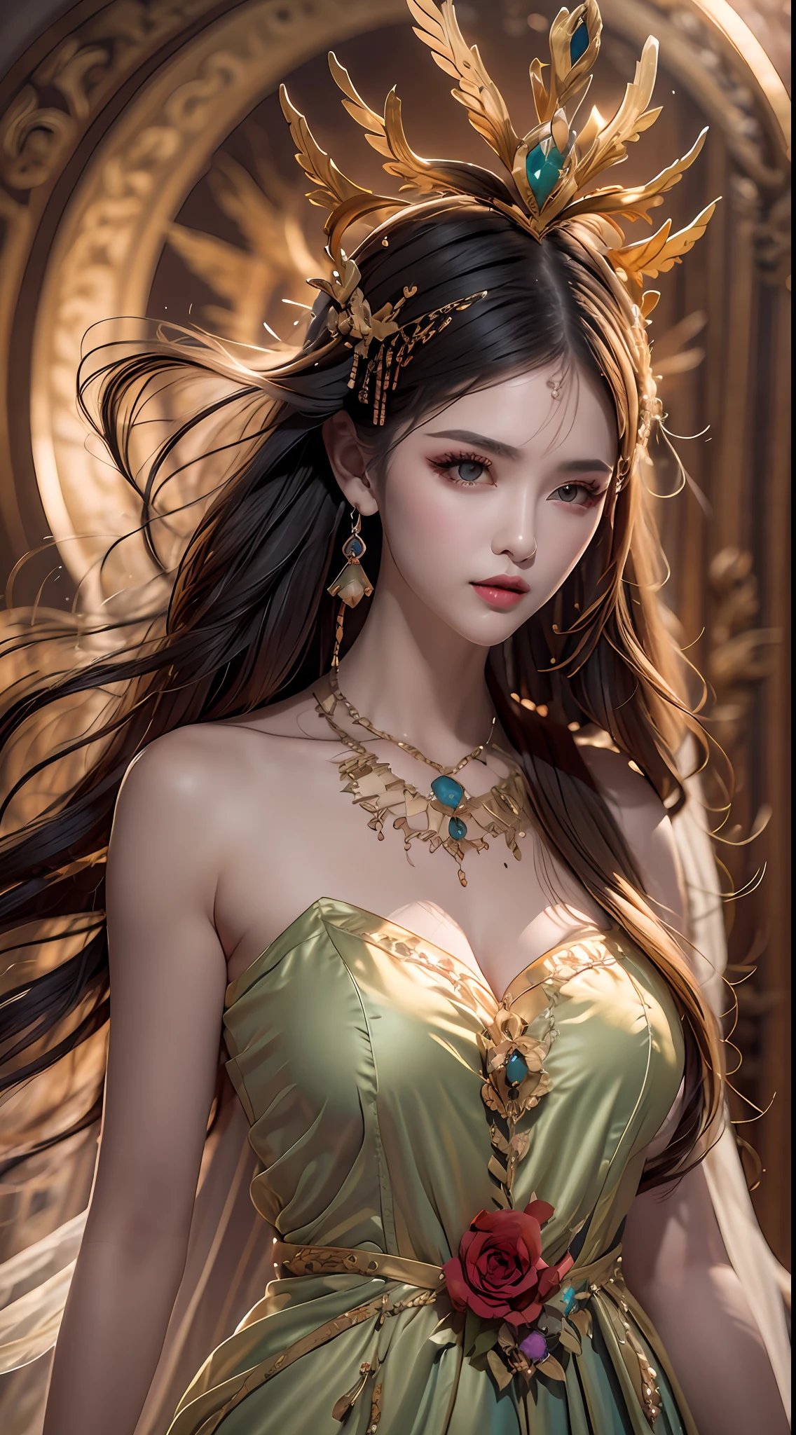 1 20 year old girl, 1 goddess Athena, colorful silk dress, beautiful goddess Athena face without blemishes, thin colorful nightgown, long thin female nightgown with many sexy black lace details, saint legend, saint icon, beautiful goddess style elegant glitter, dark and mysterious version, holy woman crown, vermilion lips, thin and beautiful lips, detailed and beautiful, karol character, no smile intricate, detailed background, extremely detailed, light magic, (pure and spotless face: 1.9), holy woman's body, round breasts, big and round breasts, phoenix brooch, long flat bangs, (7-color rainbow-colored hair: 1.9), clear beautiful face and well-proportioned eyes, (transparent yellow eyes: 1.8), (big round eyes and meticulous make-up, very beautiful and hidden makeup, long blonde hair, hidden makeup, beautiful and meticulous sleeping ring, pale, upper body, (sanctus upper bodies): 1.8), drooping arms, Realistic and vivid images, (stars that make up the sky: 1.7), (sky of heaven and fictional gates of time and space: 1.8), fictional art, RAW photos, hanfu photos, best photos, high resolution, best quality, best photos, surreal portraits, surreal female images, 8k quality , single female saint portrait, most realistic color scheme, best photo color, masterpiece, hair decoration, necklace, jewelry, pretty face, upper body, brand tyndall effect, real photo, dark studio, rim light, two-tone light, (rose white skin: 1.4), (high skin detail: 1.1), 8k uhd, dslr, high resolution, soft light, high quality, high quality h, Smooth and sharp, 10x pixelated, sexy goddess, sexy goddess, (background space: 1.8), (galaxy: 1.7) ), aurora, lightning, (Aurora Background: 1.8), most beautiful eyes, picture perfect eyes, beautiful saint and flowers, athena alone,