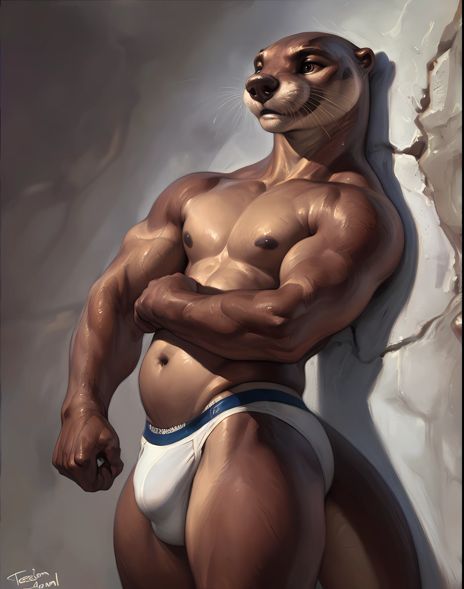 solo, anthro (otter), male, muscular, adult, photorealistic, hyperrealistic, ultradetailed, natural pose, standing, by personalami, by honovy, by thebigslick, by taran fiddler, by pixelsketcher, correct hands, bulge, nips, (oily:1.3), concrete wall background, detailed eyes, (beefy:1.2), (bulky:1.2), white underwear, briefs, clenched fists