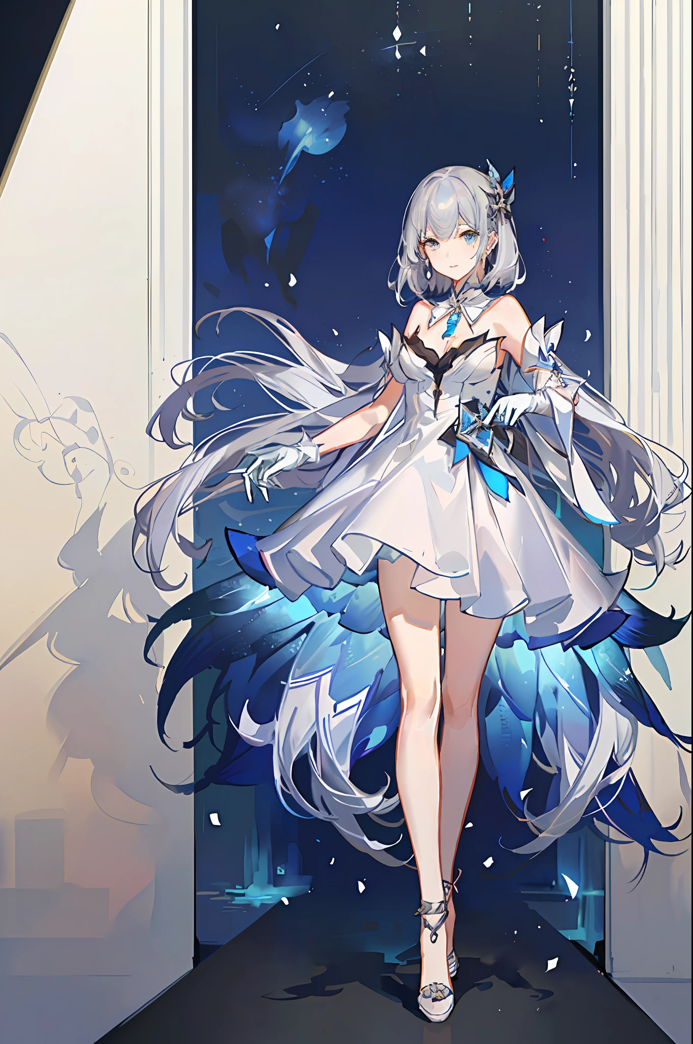 masterpiece, best quality, ultra detail, illustration, portrait, 1girl, st. louis \(luxury wheels) \(Azure Lane\), hair ornament, earrings, necklace, portrait, ((((silver dress))), (((revealing clothing))), looking at the viewer, solo,walking gracefully