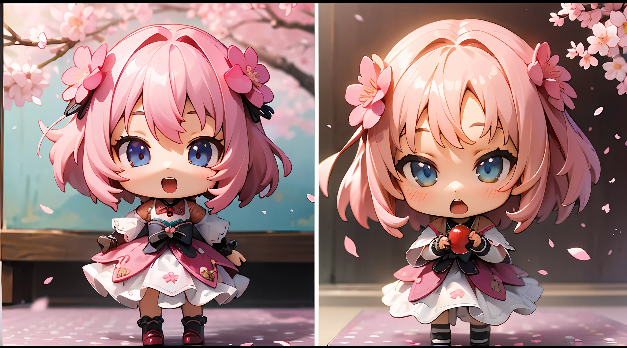 photoRealstic、Doll standing in front of the painting、bionde、Yawning face、Sengai、pixiv、rokoko、dollfie dream、watercolor Nendoroid、(High Definition Figure)、flowing sakura-colored silk、nendroid、highly_Detailed!!,Cherry blossom petals、Flowing cherry blossom silk、season!!: 🌸 ☀ 🍂 ❄