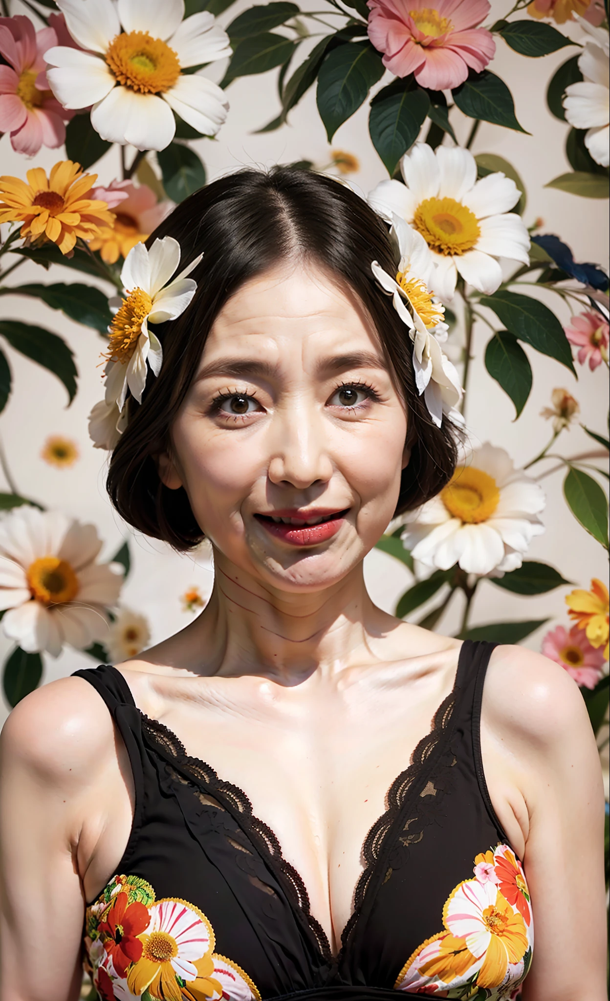 hight resolution, Original, (flat-colors:0.9),(colourfull:1.1),(masterpiece:1,2), top-quality, masterpiece, hight resolution, Original, highly detailed wallpaper, Viewer's Perspective,Solo,portlate, (A MILF)、68 years old、Mature Woman Body Set、Exposing breasts、showing teeth、Detailed tongue、Detailed mouth、Staring at this、Floral background、undergarment、(Mature)、Wrinkles at the corners of the eyes、ultra-realistic,8k, Natural skin,