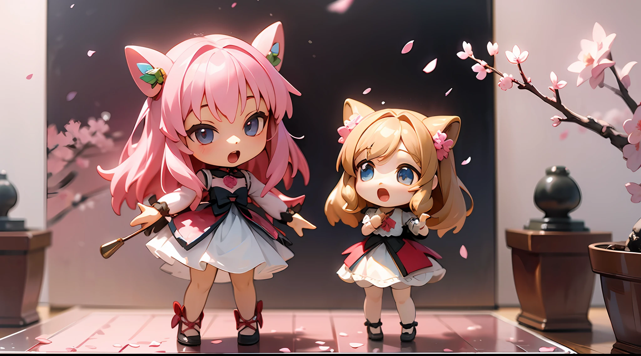 photoRealstic、Doll standing in front of the painting、bionde、Yawning face、Sengai、pixiv、rokoko、dollfie dream、watercolor Nendoroid、(High Definition Figure)、flowing sakura-colored silk、nendroid、highly_Detailed!!,Cherry blossom petals、Flowing cherry blossom silk、season!!: 🌸 ☀ 🍂 ❄